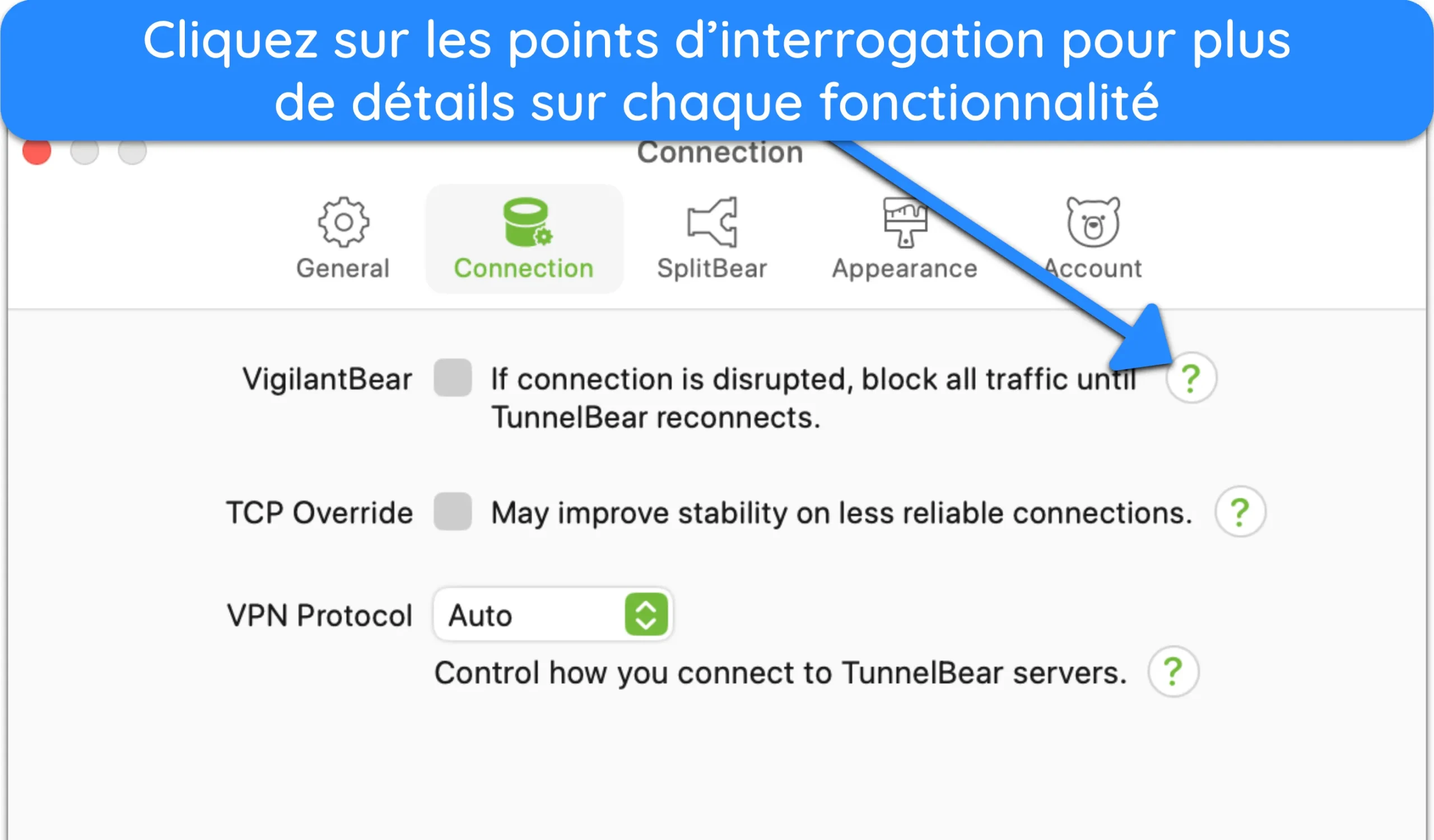 Capture d'écran du menu des paramètres de TunnelBear affichant les descriptions des fonctionnalités VPN.