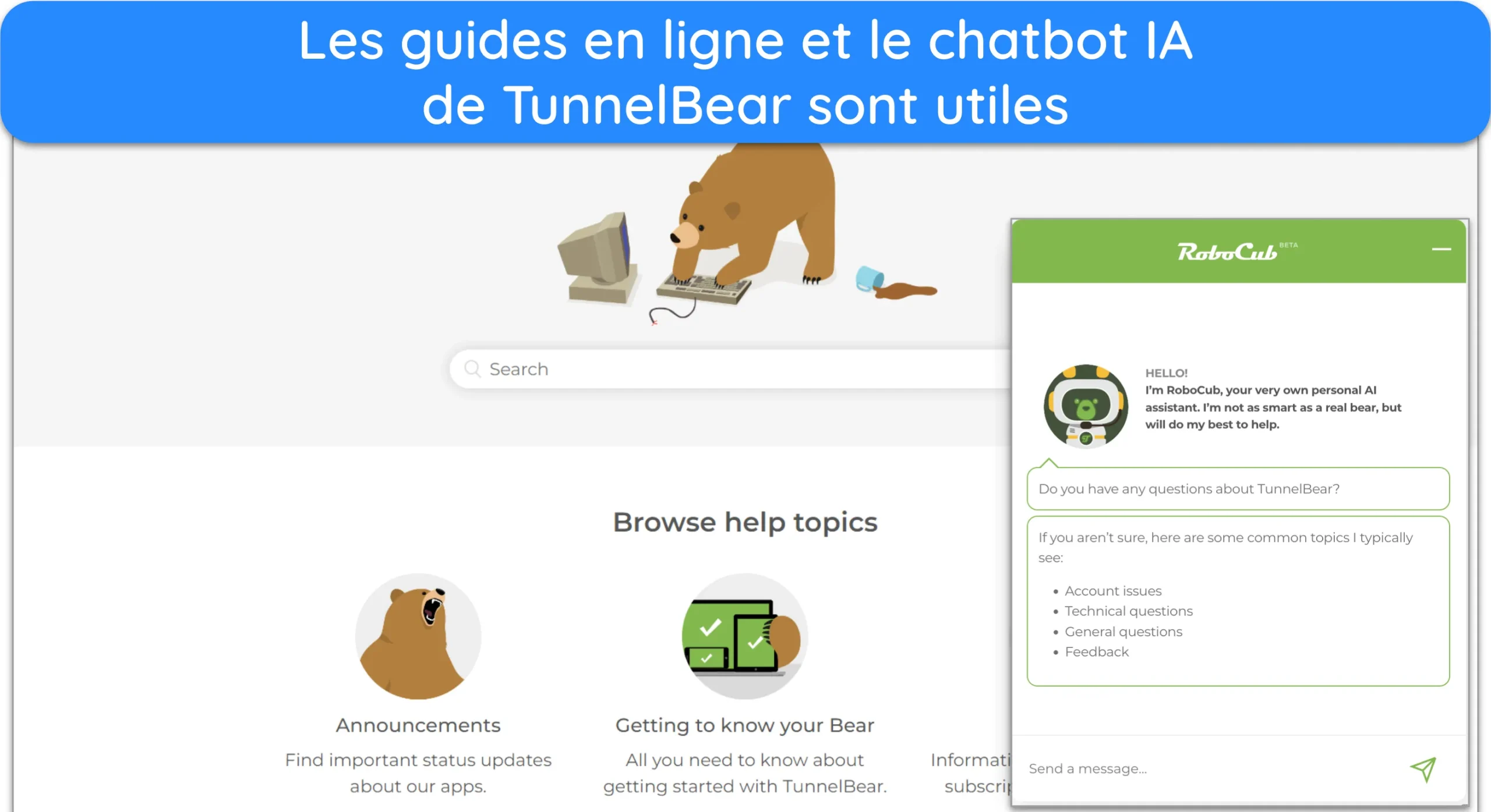 Capture d'écran des guides en ligne et du chatbot IA de TunnelBear.