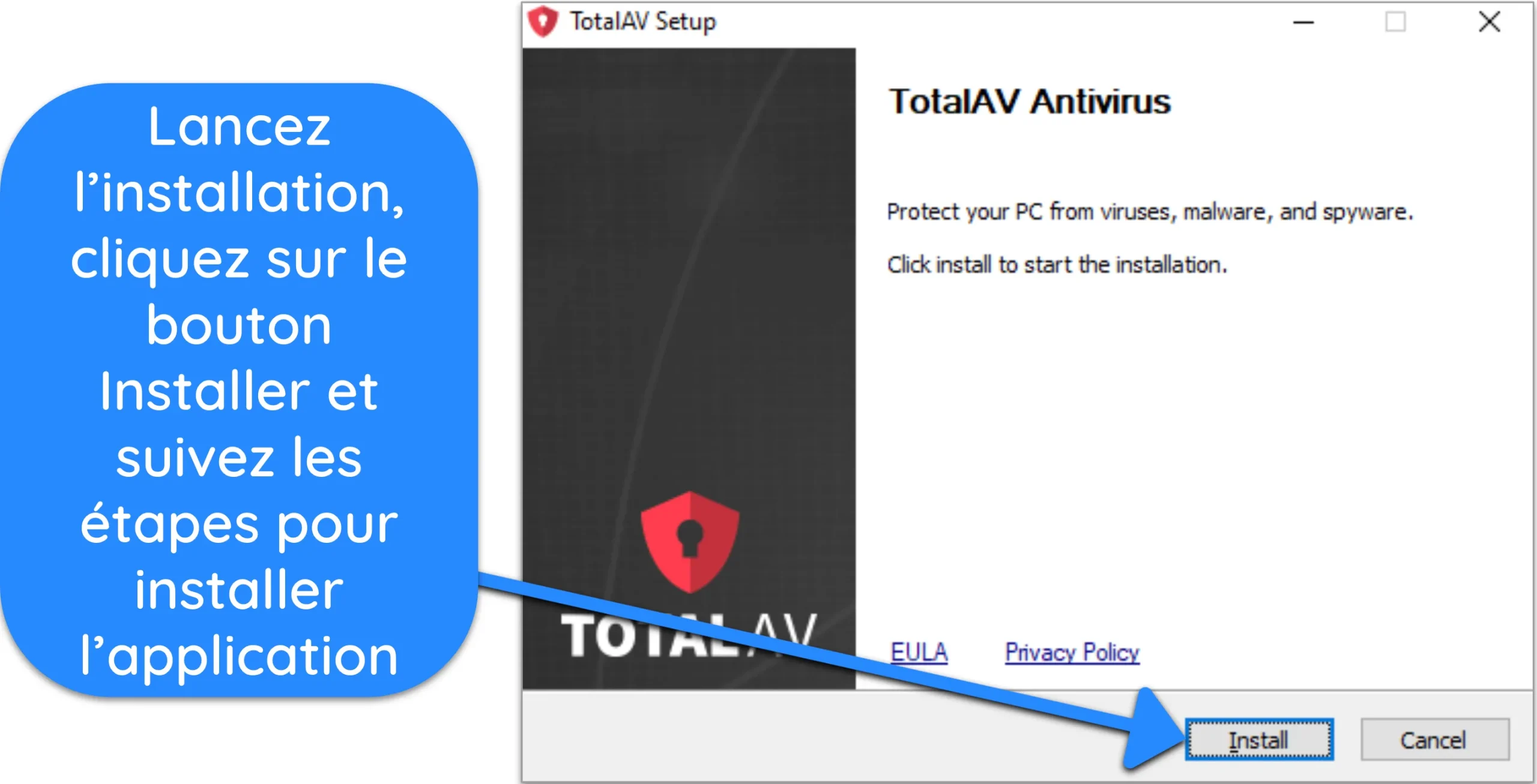 Capture d'écran de l'assistant d'installation de TotalAV exécuté sous Windows.