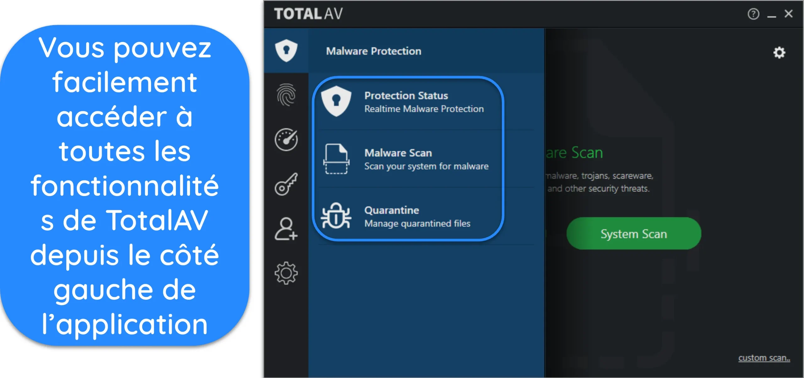 Capture d'écran du menu Protection contre les logiciels malveillants de l'application de bureau de TotalAV.