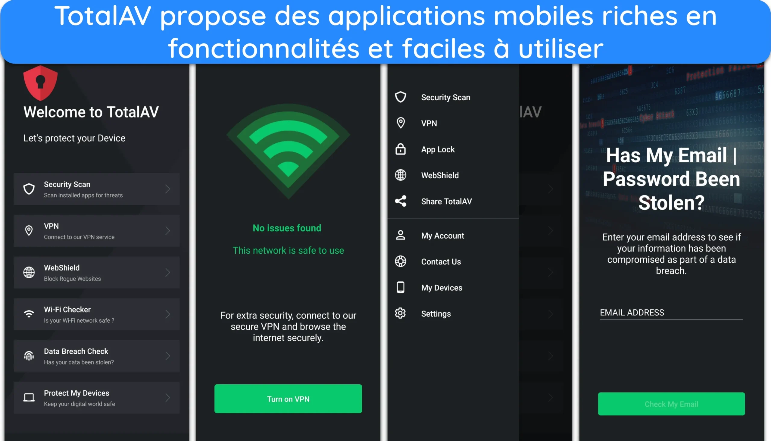 Capture d'écran des interfaces de l'application mobile de TotalAV.