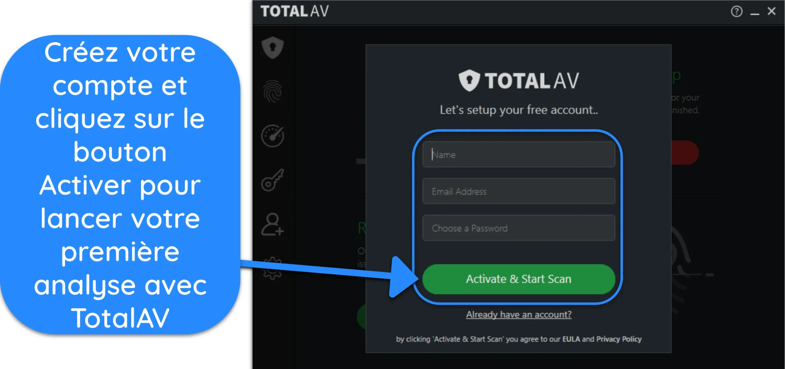 Capture d'écran de la page de connexion de TotalAV.