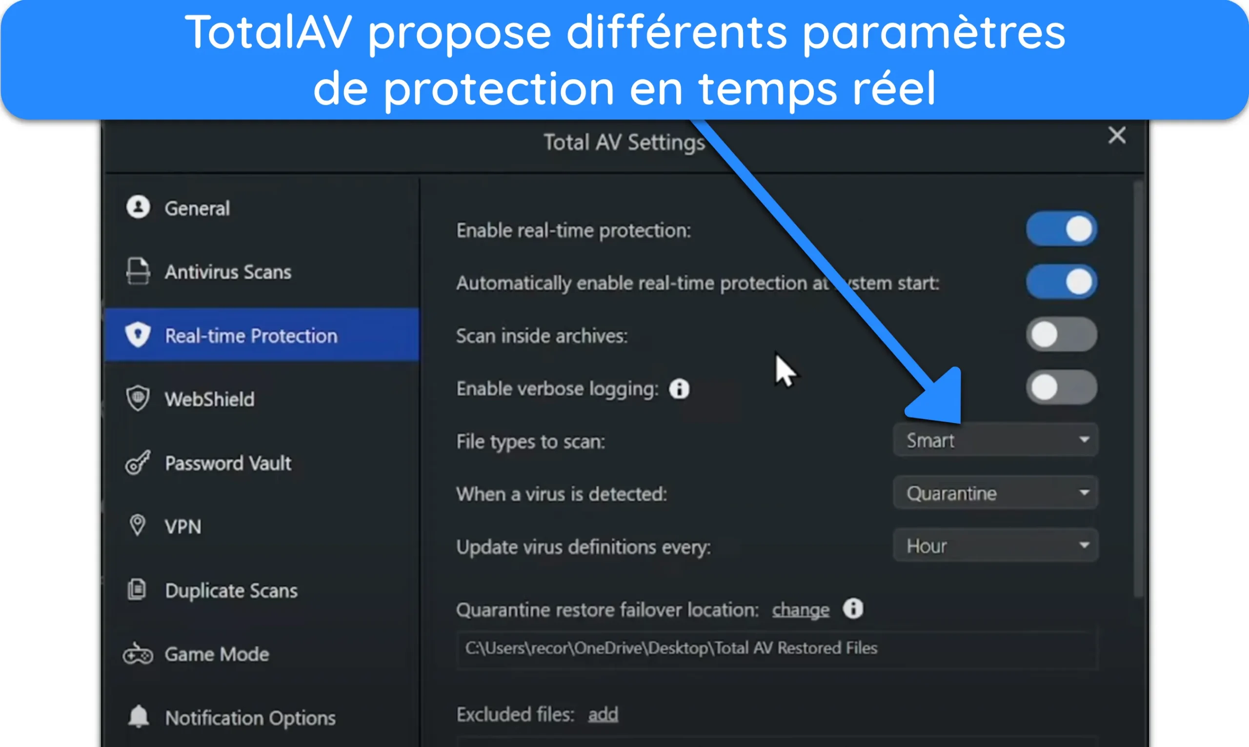 Capture d'&eacute;cran des param&egrave;tres de protection en temps r&eacute;el de TotalAV.