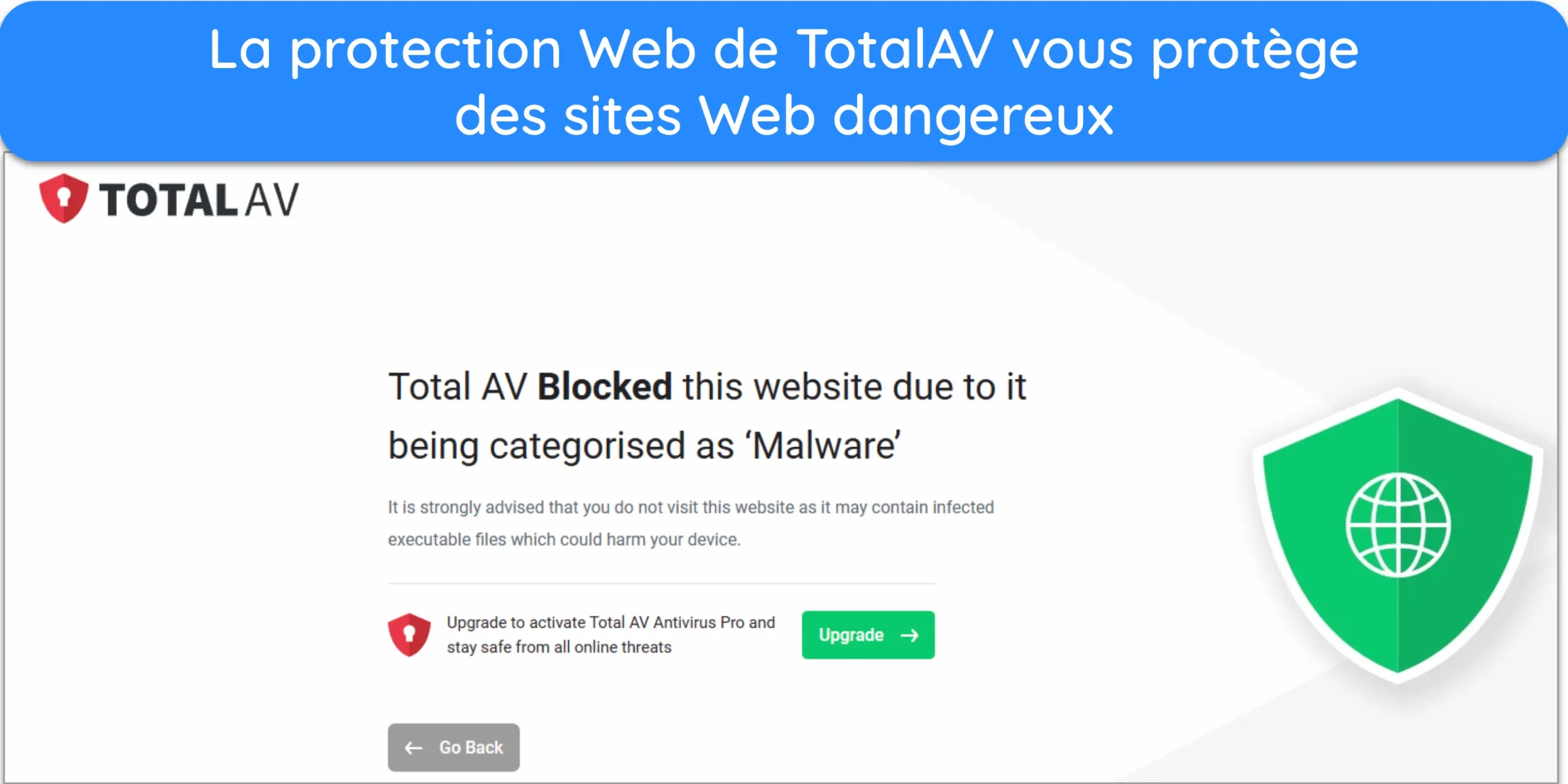 Capture d'écran de l'extension WebShield de TotalAV bloquant un site web dangereux.