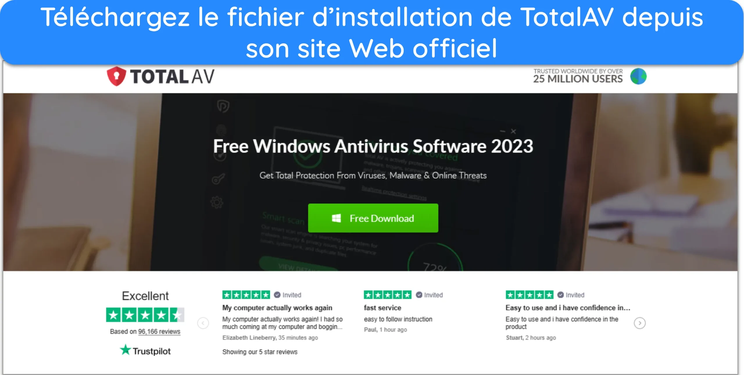Capture d'&eacute;cran montrant le bouton de t&eacute;l&eacute;chargement de l'installation du site web officiel de TotalAV pour Windows.