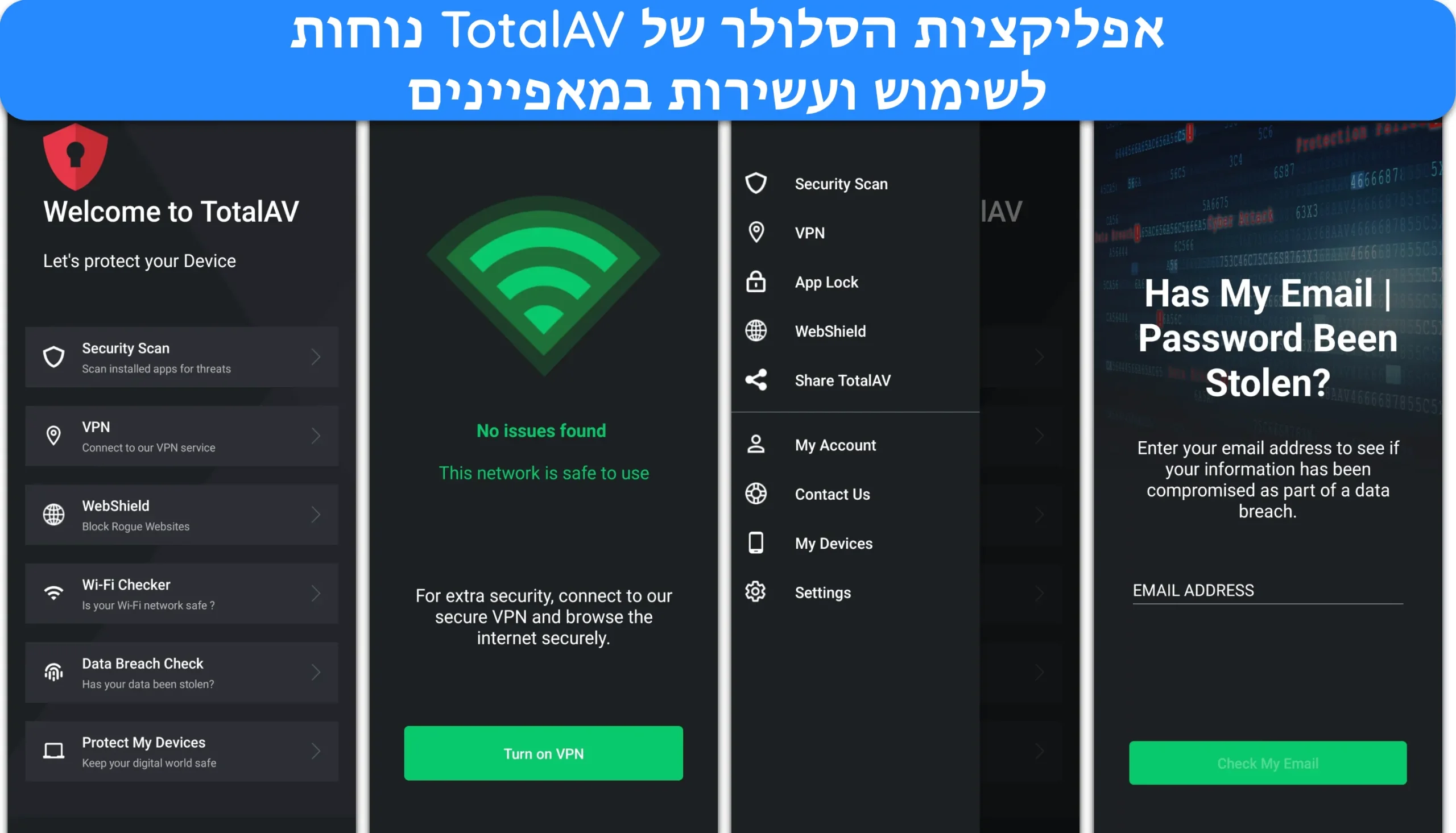 צילום מסך של ממשקי האפליקציה לנייד של TotalAV.