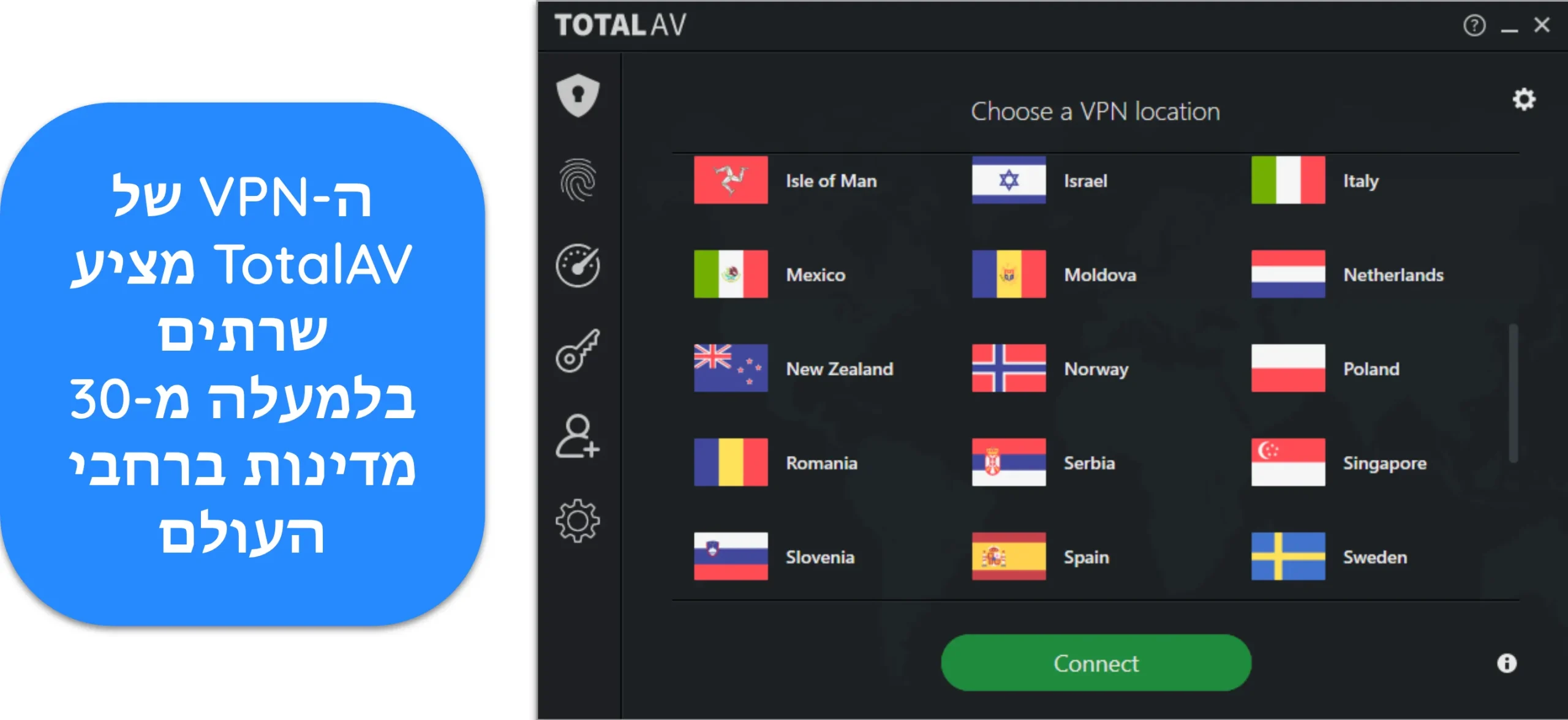 צילום מסך של רשימת מיקומי שרתי ה-VPN של TotalAV.