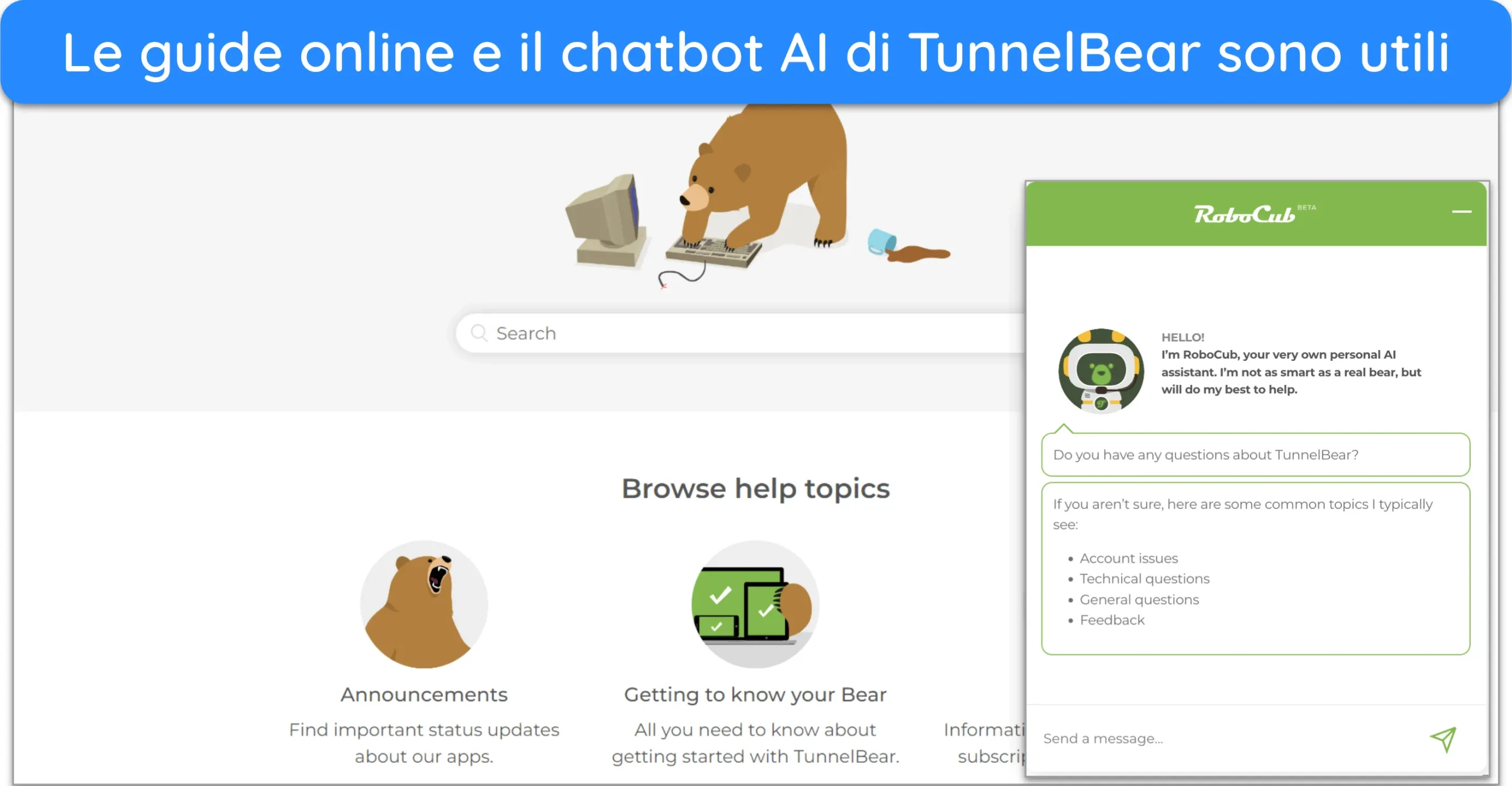 Screenshot delle guide online e del chatbot AI di TunnelBear.
