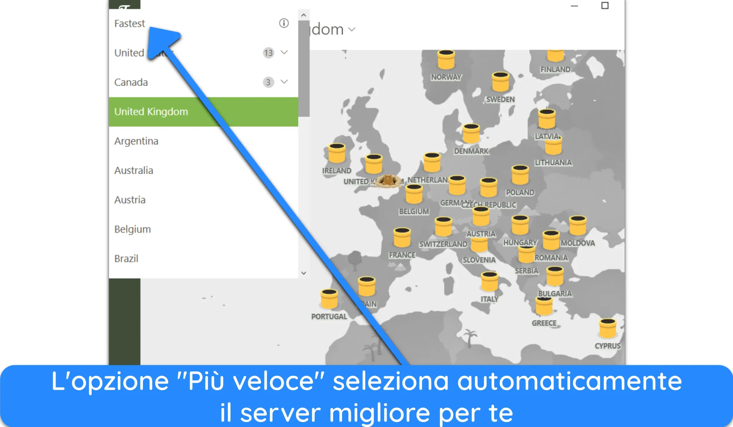 Screenshot dell'elenco dei server di TunnelBear.