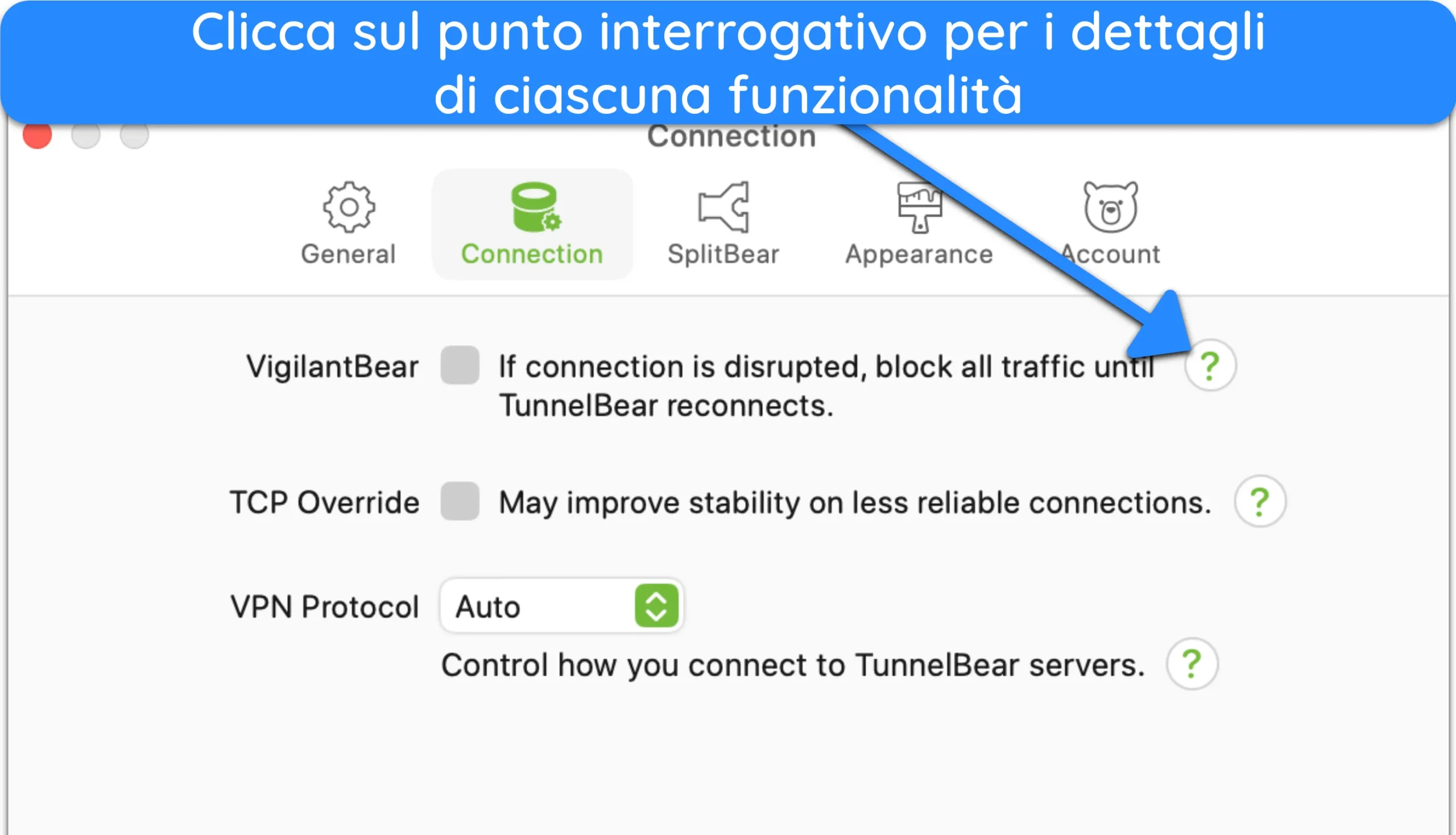 Screenshot del menu delle impostazioni di TunnelBear che mostra le descrizioni delle funzionalità VPN.