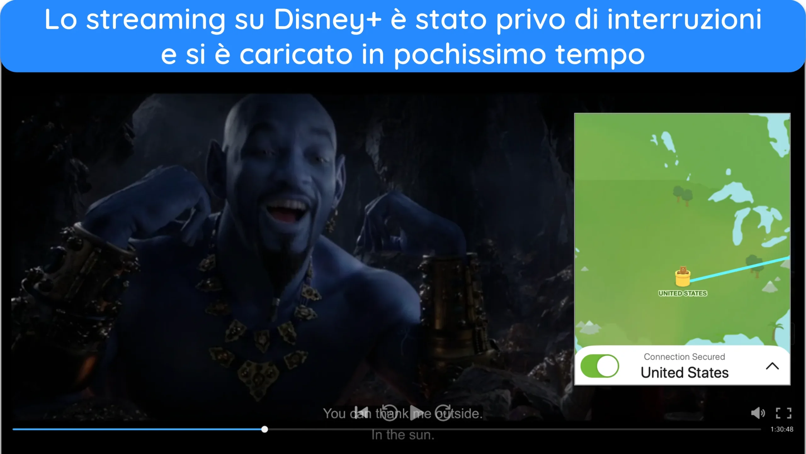 Screenshot di Aladdin in streaming su Disney+ con il server di TunnelBear negli Stati Uniti.