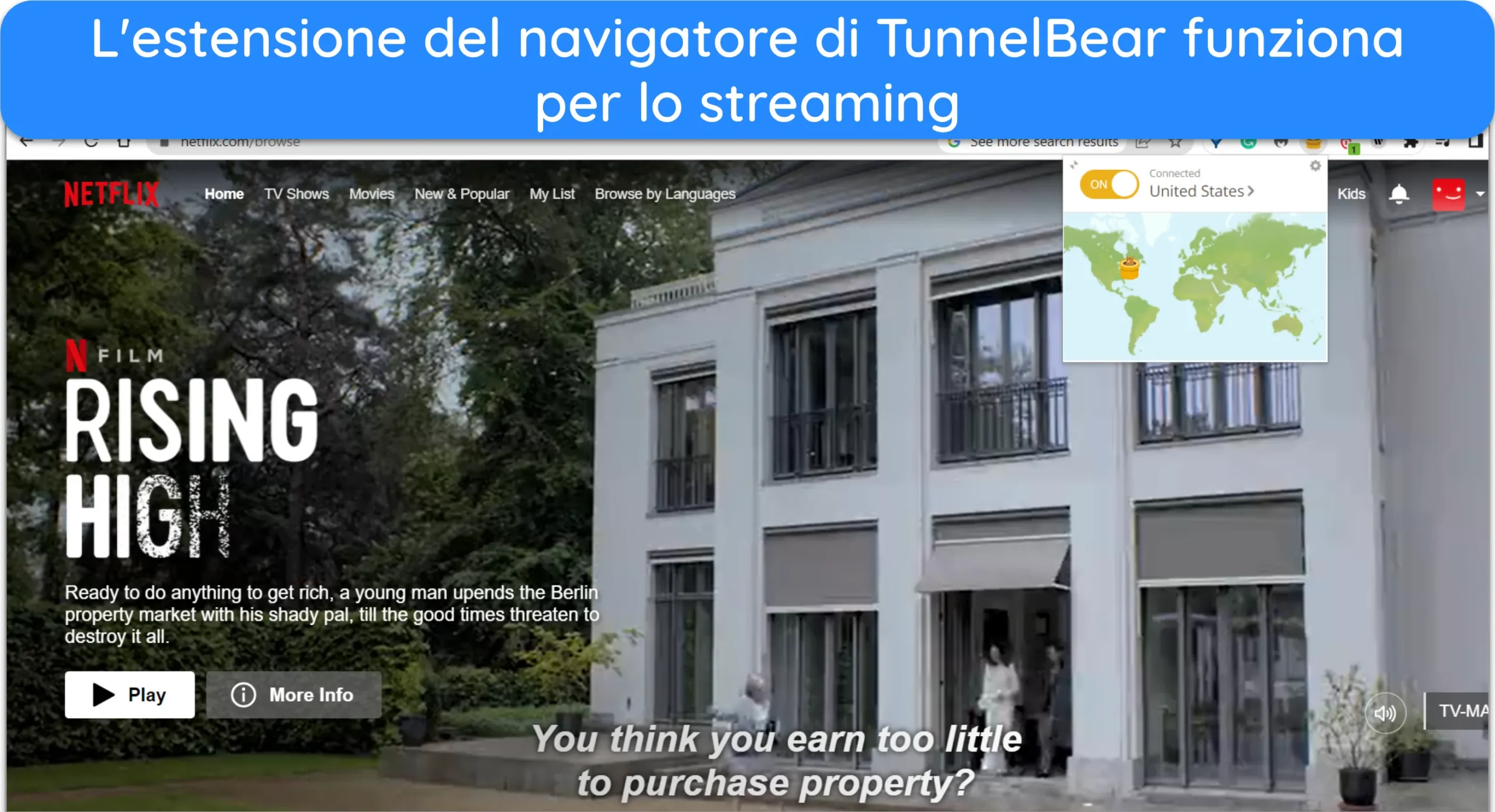 Screenshot di Netflix USA che funziona con l'estensione del browser di TunnelBear connessa a un server negli Stati Uniti.