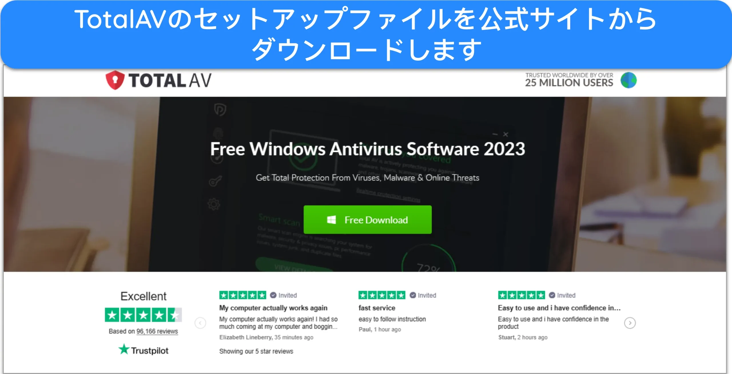 TotalAV の公式ウェブサイトにある Windows 用セットアップ ダウンロード ボタンのスクリーンショット。