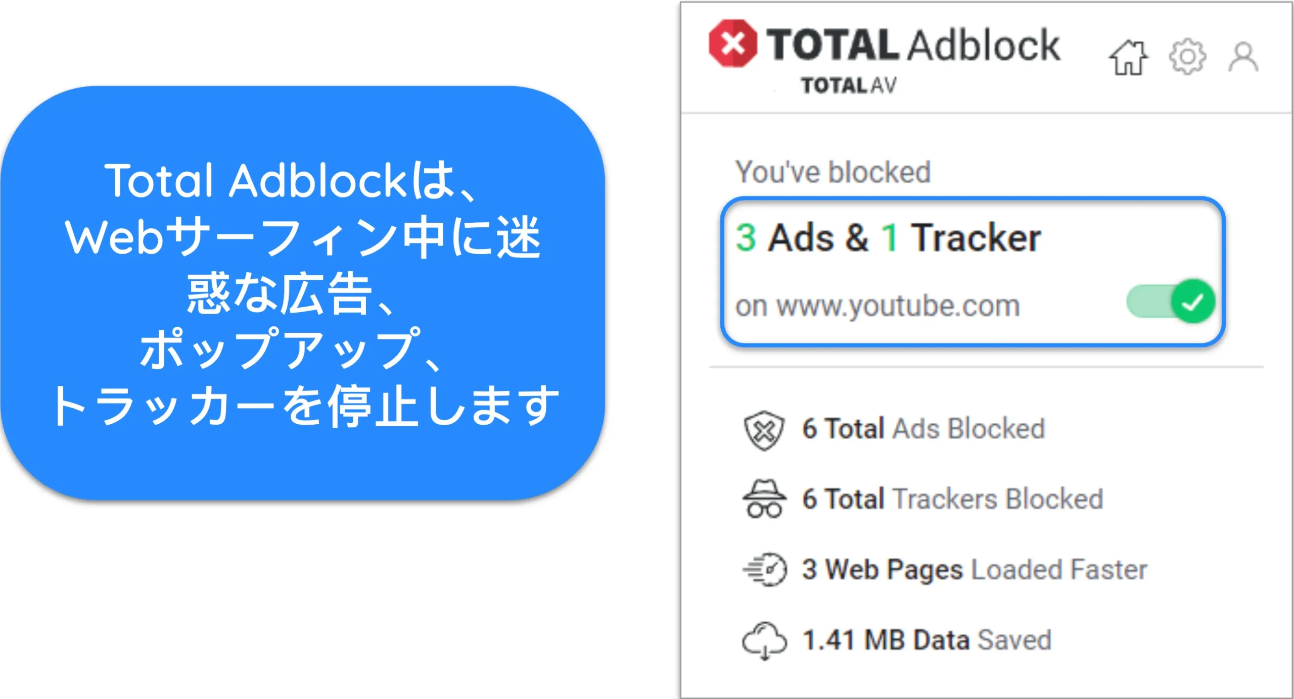 Total Adblock が YouTube の広告とトラッカーをブロックしているスクリーンショット。