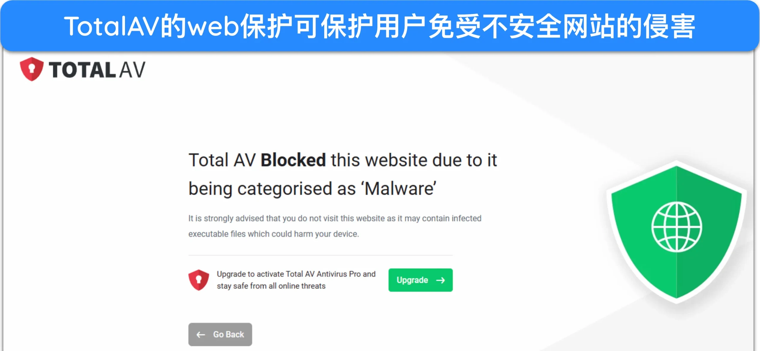 TotalAV WebShield 扩展程序阻止不安全网站的截图。