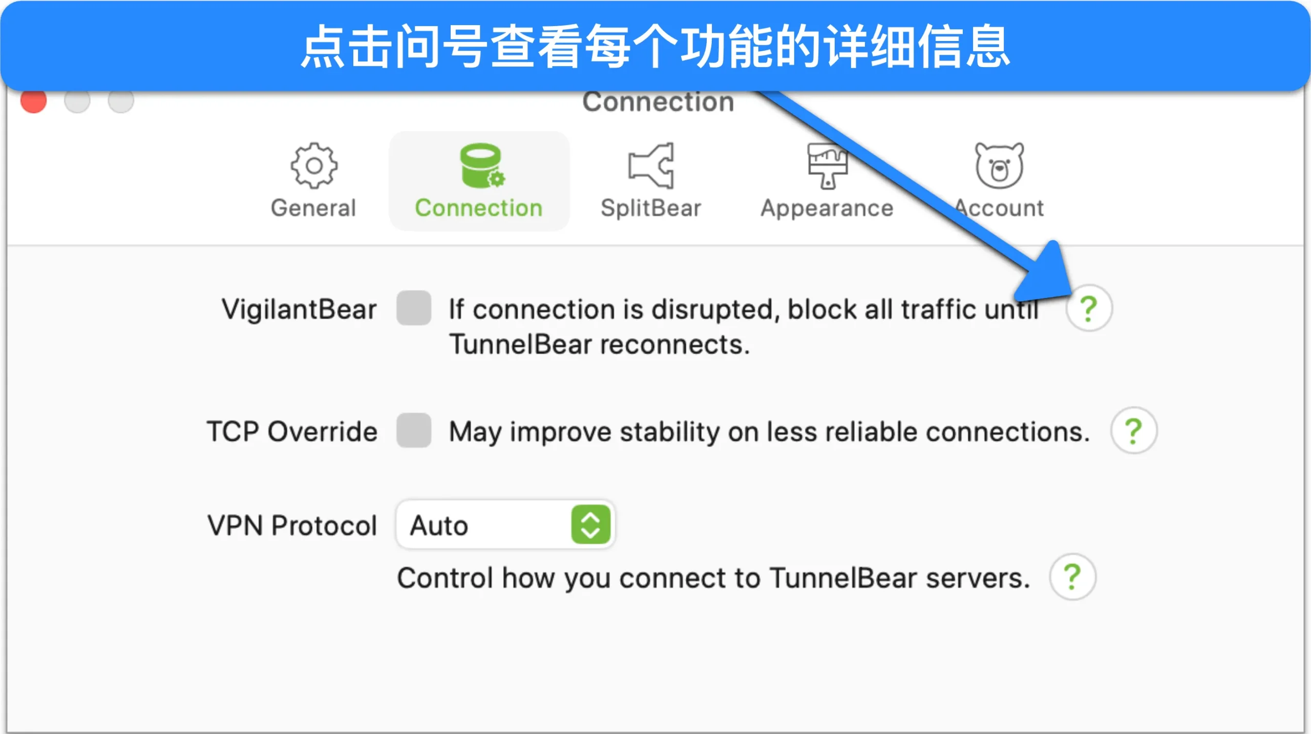 TunnelBear 设置菜单的截图,显示 VPN 功能说明。