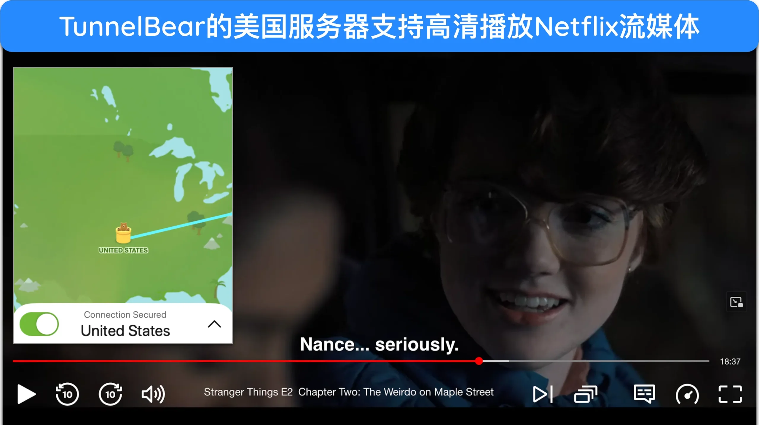 《怪奇物语》在 Netflix 上高清播放的截图。