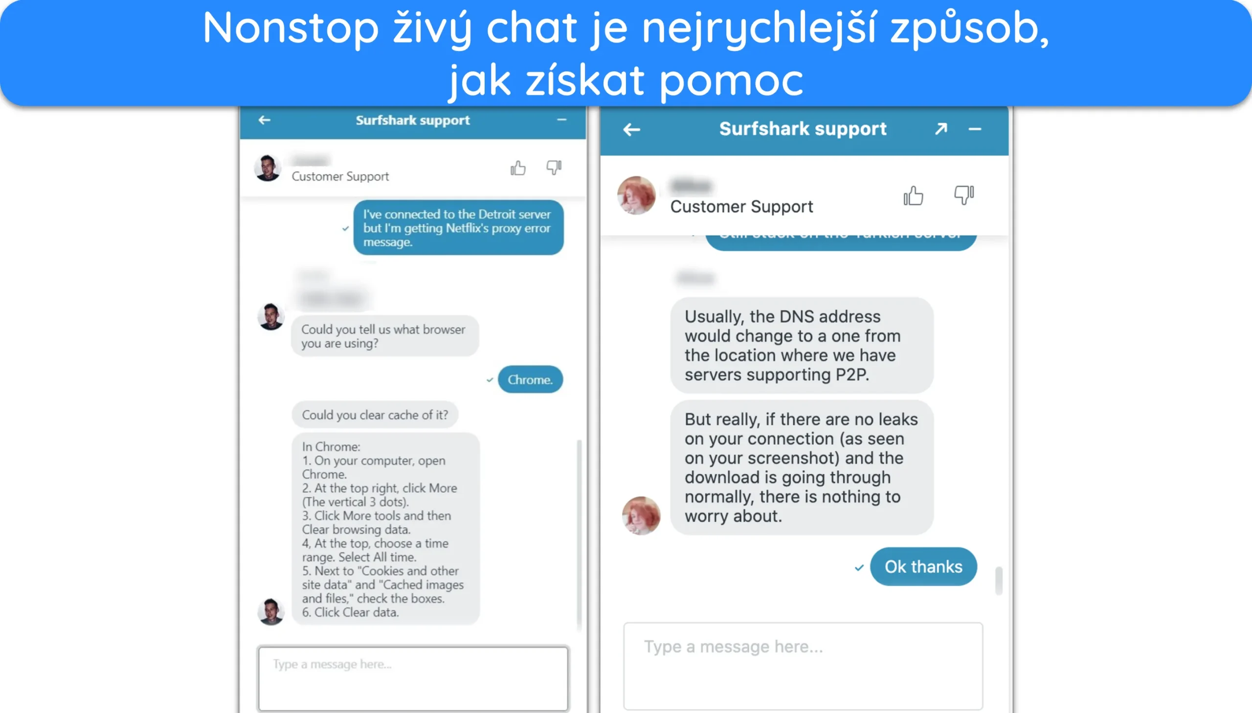 Snímek obrazovky znázorňující konverzaci s podporou Surfshark v živém chatu.