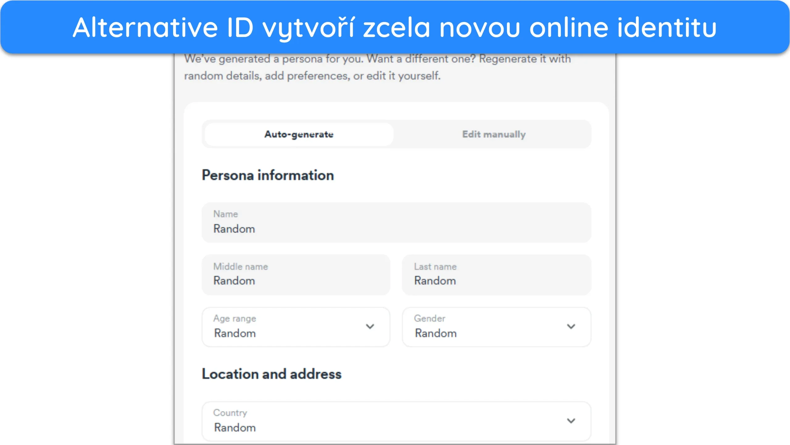 Snímek obrazovky funkce generování alternativního ID v Surfsharku.
