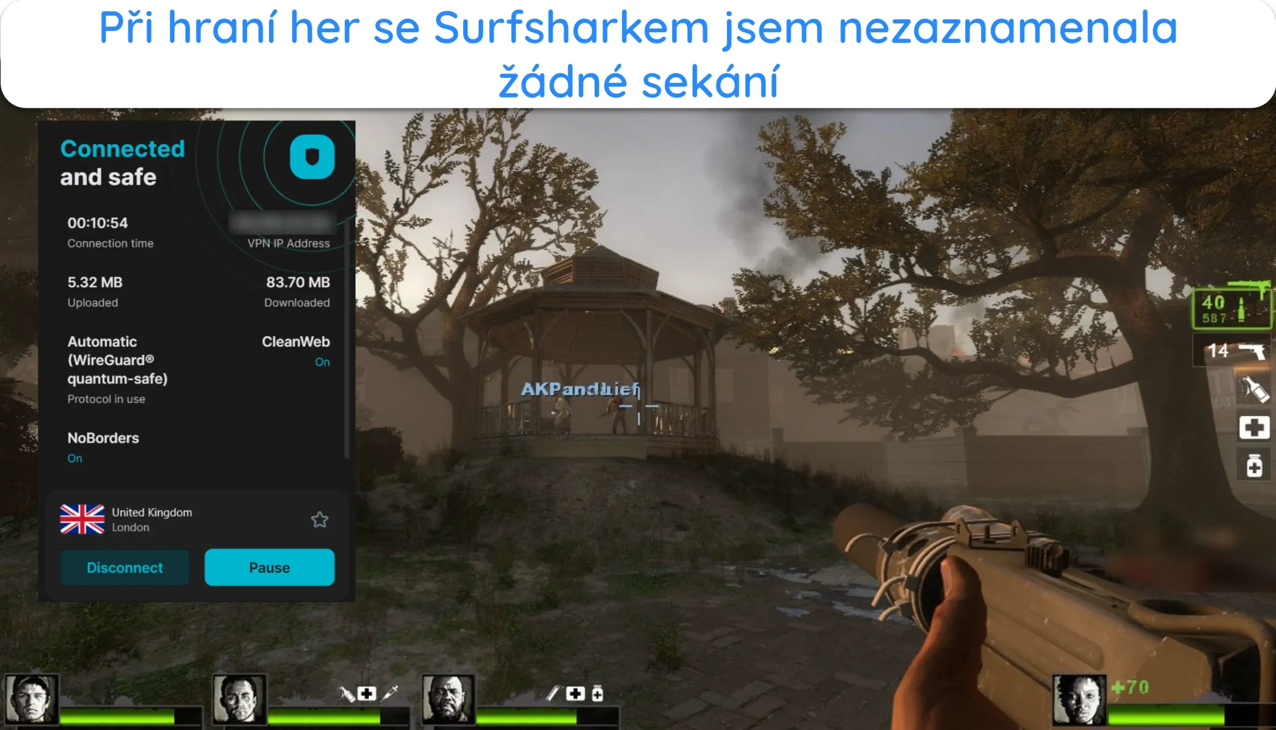 Snímek obrazovky zobrazující hladký chod Left 4 Dead 2 při připojení k Surfsharku.