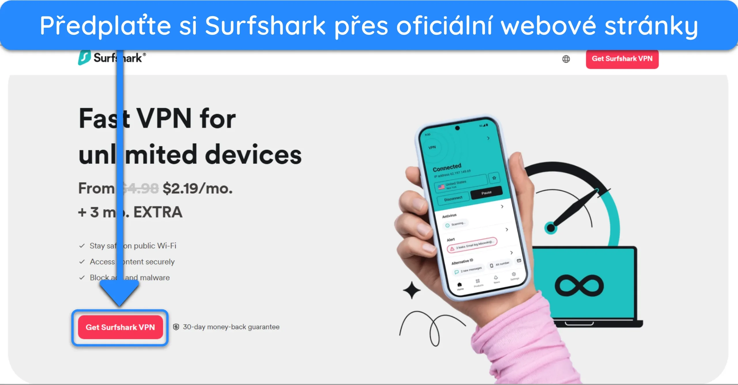 Snímek obrazovky znázorňující, jak se přihlásit k odběru Surfshark prostřednictvím oficiálních webových stránek.