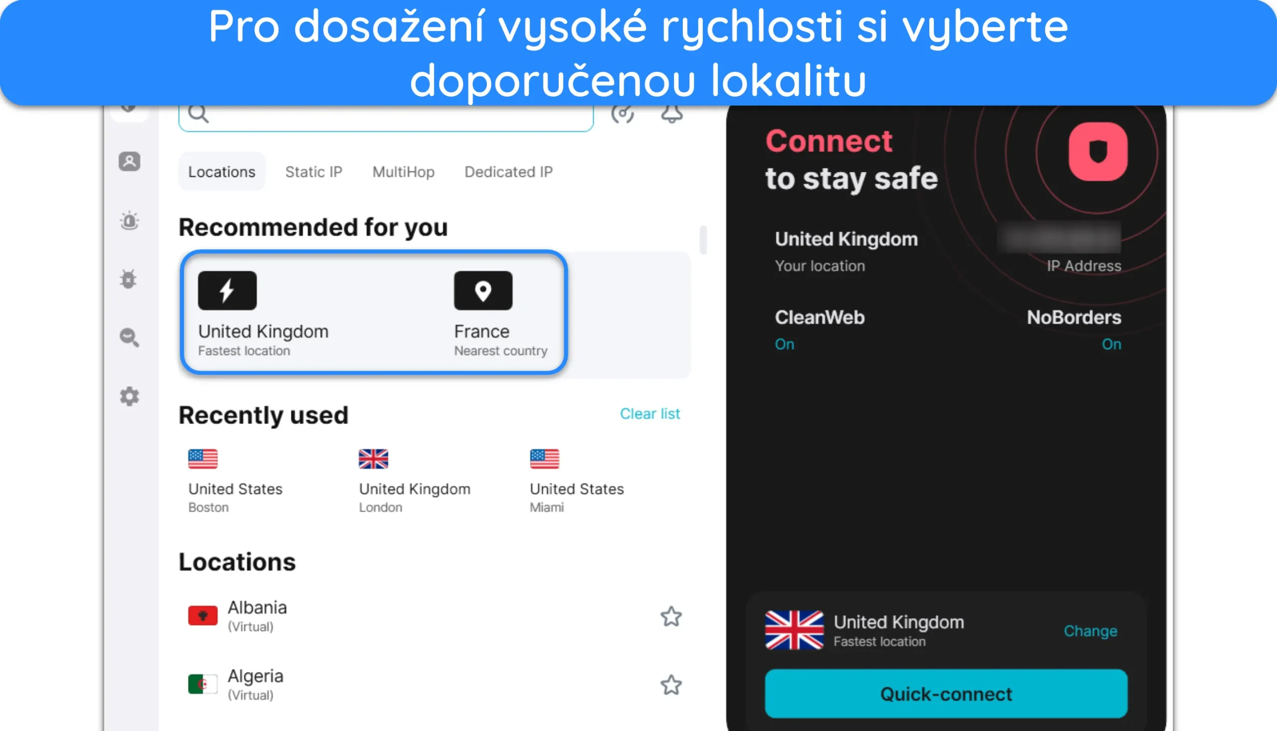 Snímek obrazovky znázorňující, jak se připojit k serveru Surfshark.
