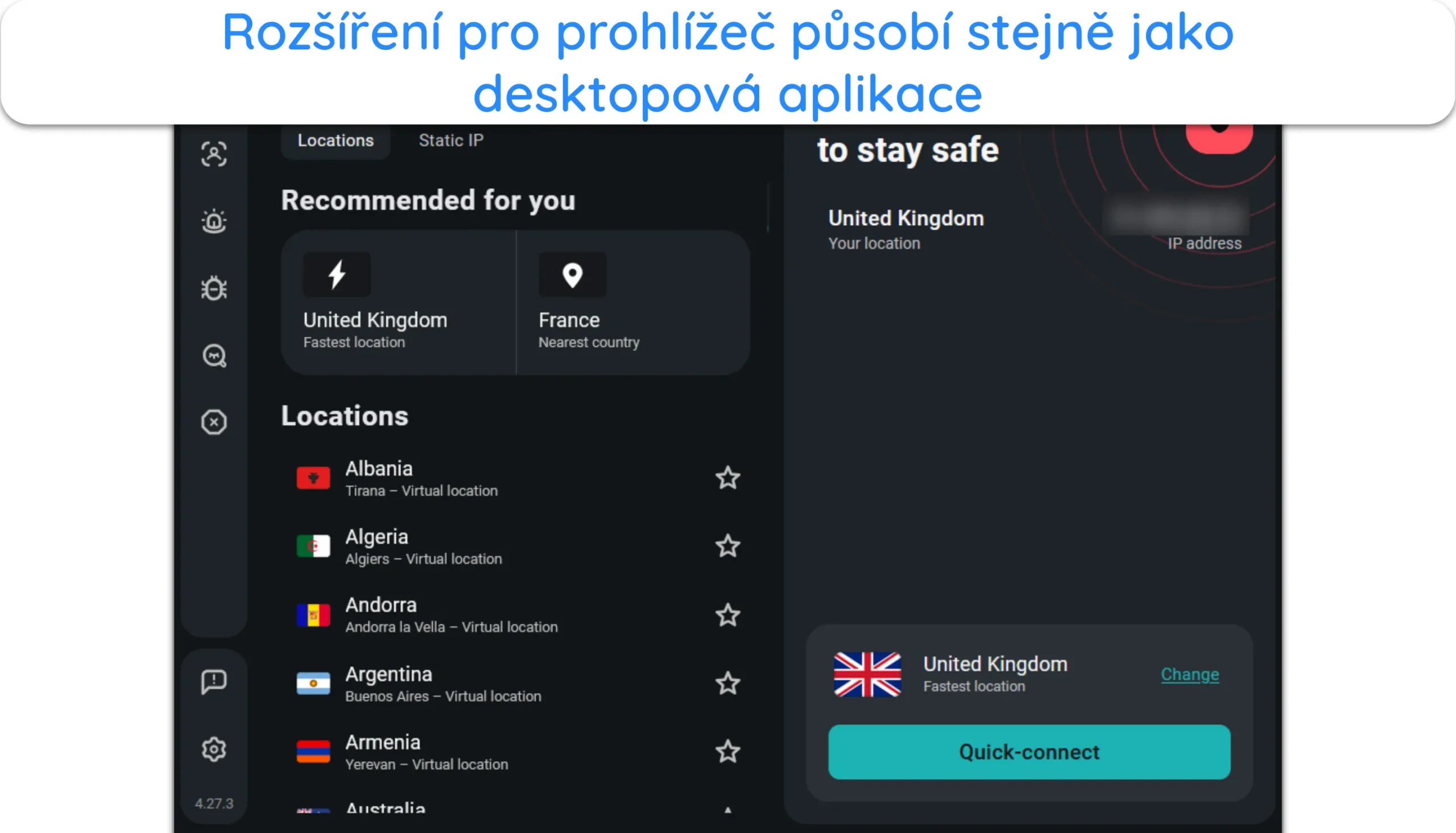 Snímek obrazovky znázorňující rozhraní rozšíření prohlížeče Surfshark.