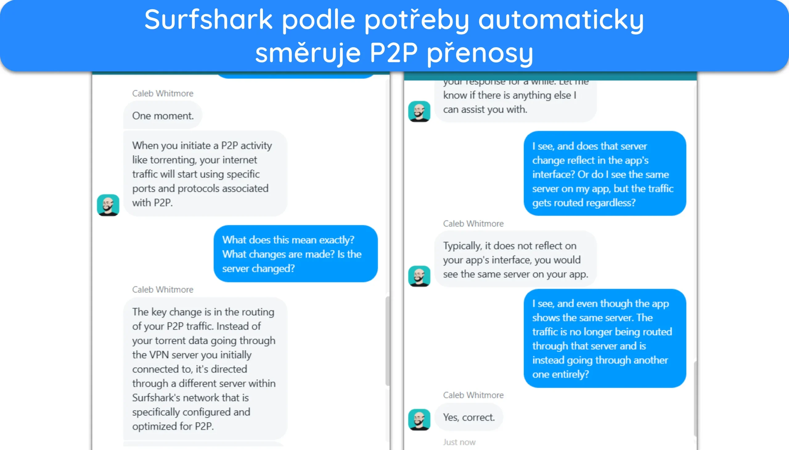 Snímek obrazovky podpory Surfsharku potvrzující, jak automaticky směruje P2P provoz přes správný server.