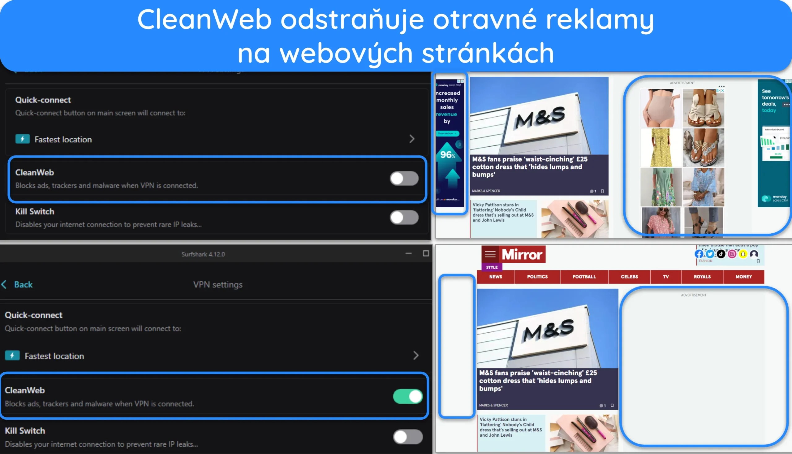 Snímek obrazovky funkce cleanweb v Surfsharku blokující reklamy na zpravodajském webu The Mirror.