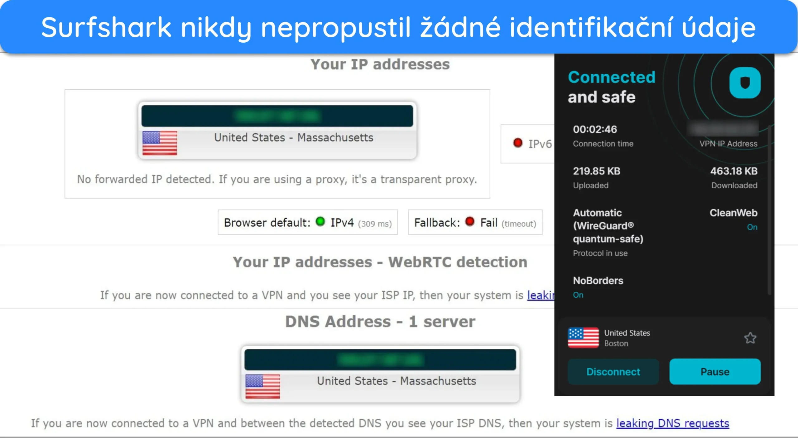 Snímek obrazovky zobrazující úspěšný průchod testy těsnosti Surfsharku.