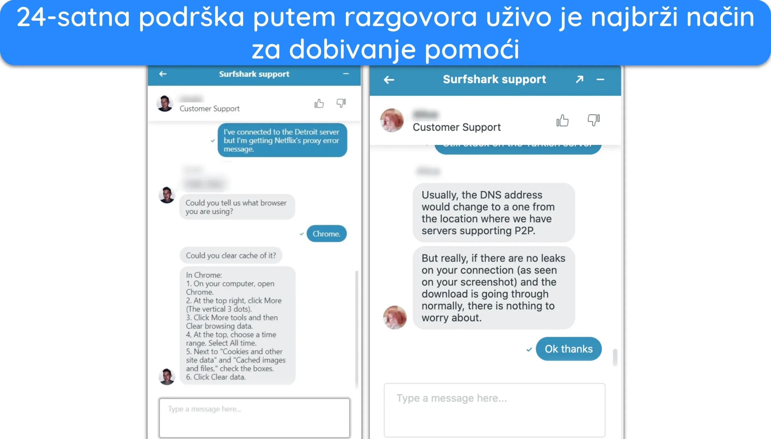 Snimka zaslona koja prikazuje razgovor sa Surfsharkovom podrškom putem chata uživo.