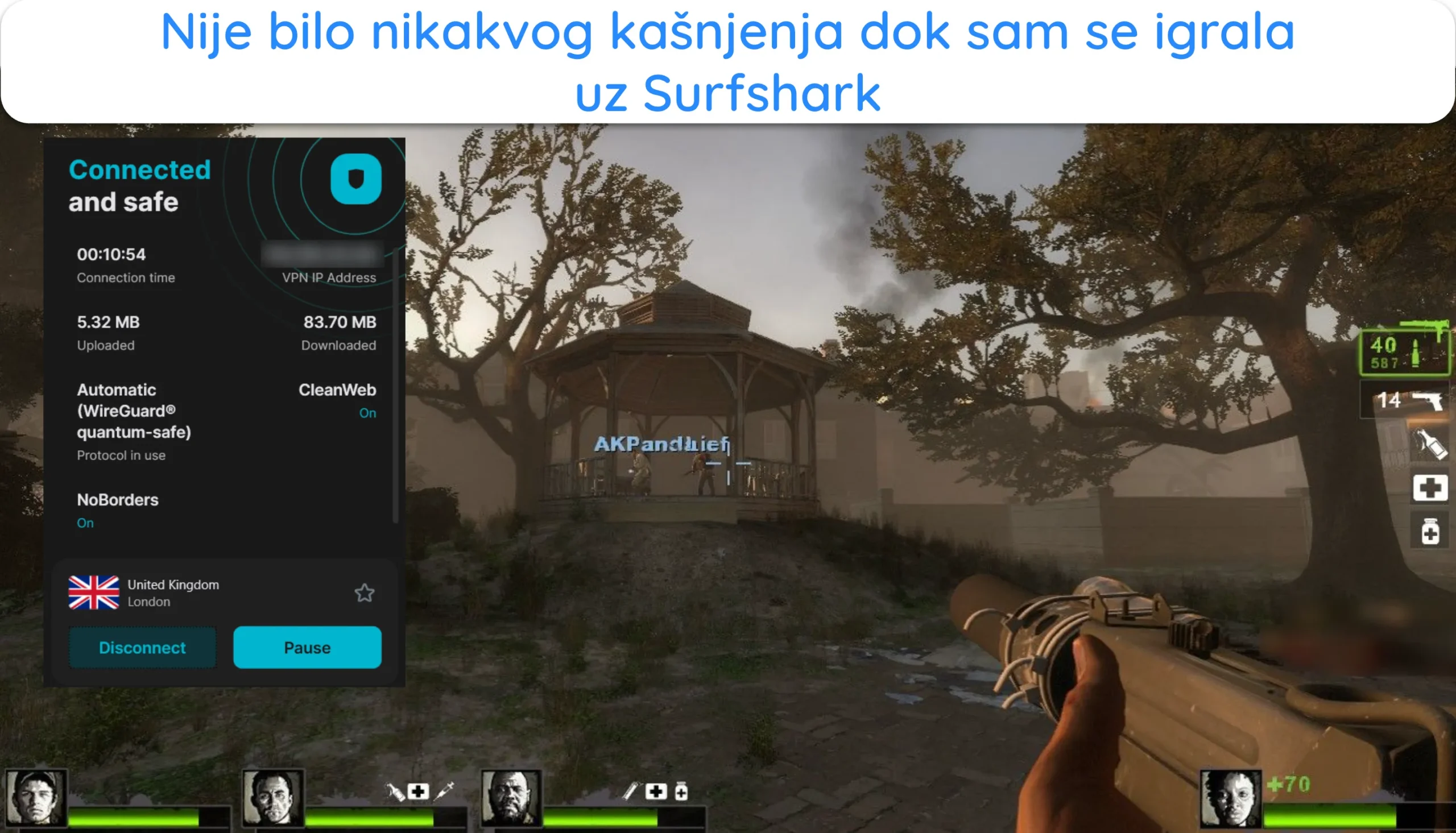 Snimka zaslona koja prikazuje Left 4 Dead 2 kako glatko radi dok je bio spojen na Surfshark.