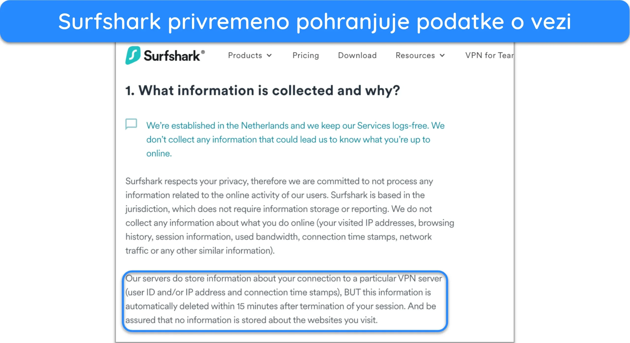 Snimka zaslona dijela Surfsharkove politike privatnosti.
