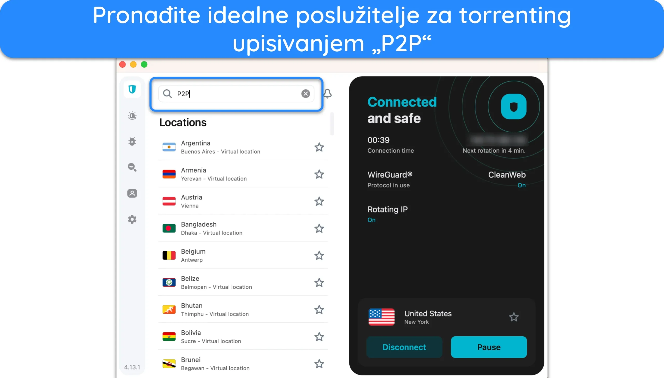 Snimka zaslona koja prikazuje kako pronaći P2P kompatibilne servere u Surfsharkovoj aplikaciji.