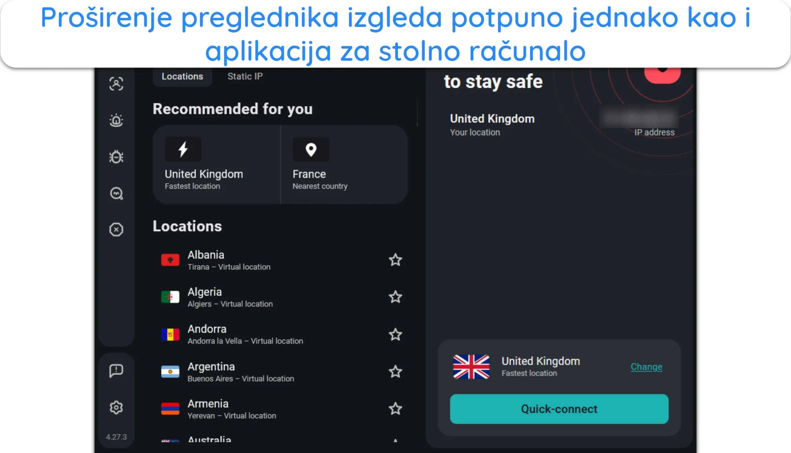 Snimka zaslona koja prikazuje Surfsharkovo sučelje proširenja preglednika.