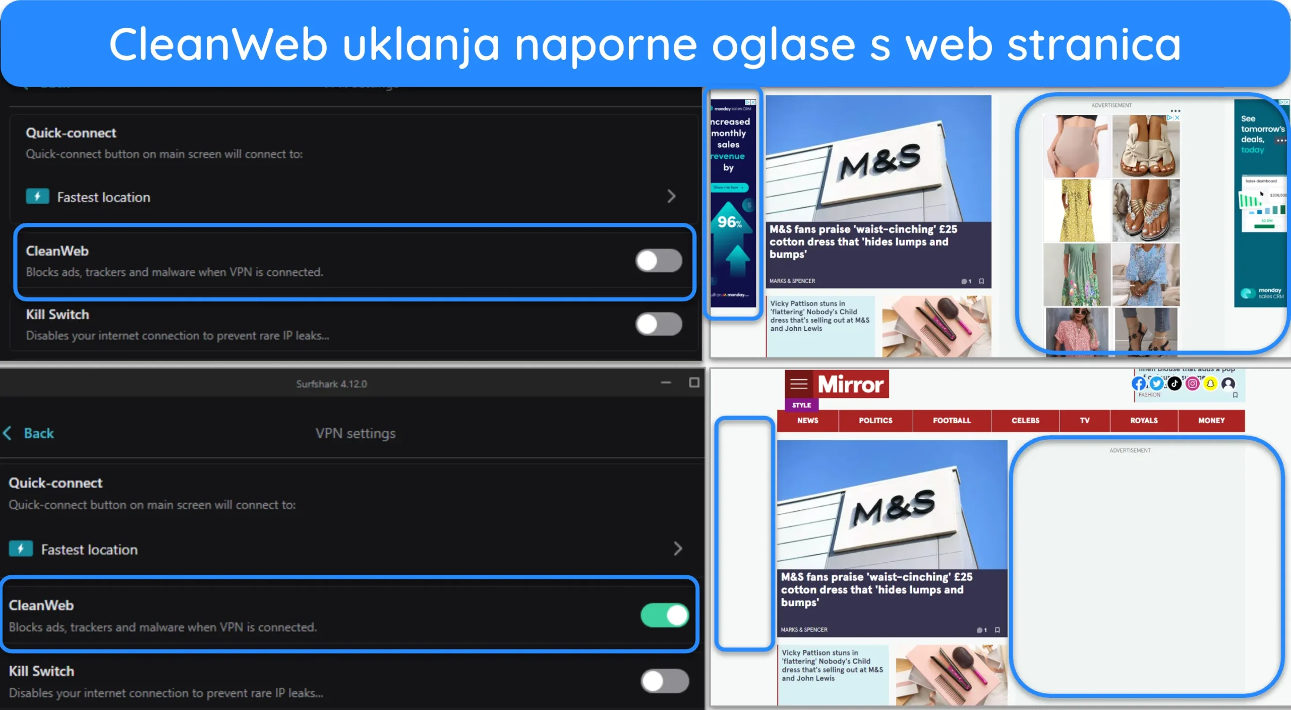 Snimka zaslona Surfsharkove značajke cleanweb koja blokira oglase na web stranici The Mirror.