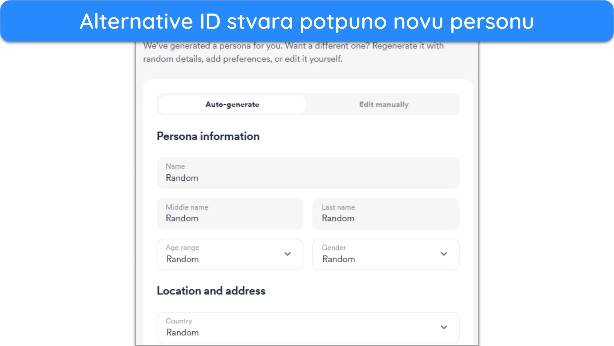 Snimka zaslona Surfsharkove značajke generiranja alternativnog ID-a.