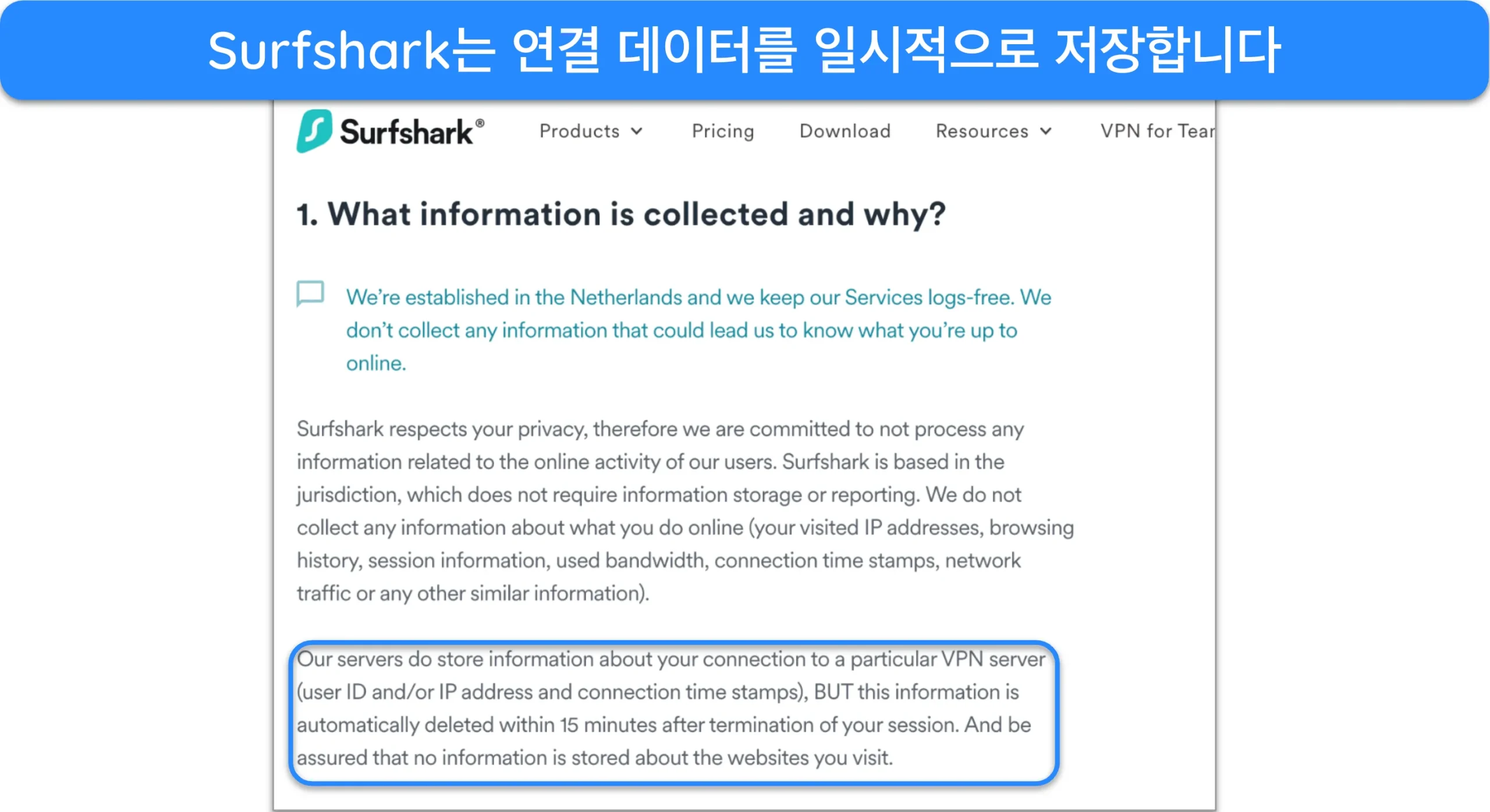 Surfshark 개인정보 보호정책 일부 스크린샷.