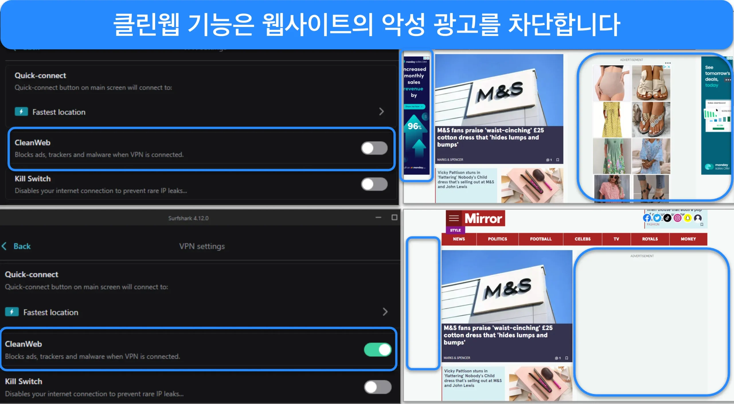 The Mirror 뉴스 사이트의 광고를 차단하는 Surfshark의 클린웹 기능 스크린샷.