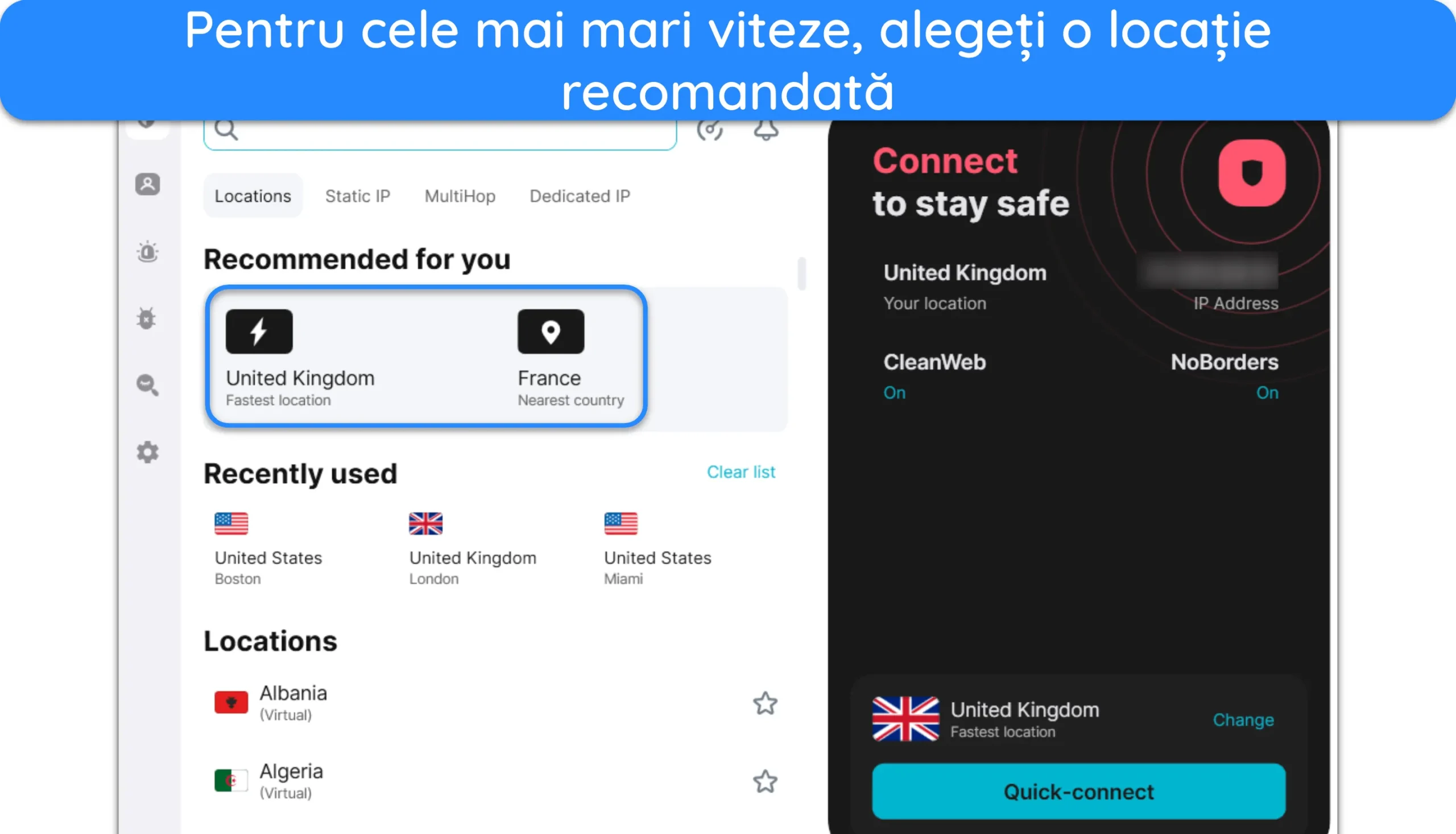 Captură de ecran care arată cum să vă conectați la un server Surfshark.