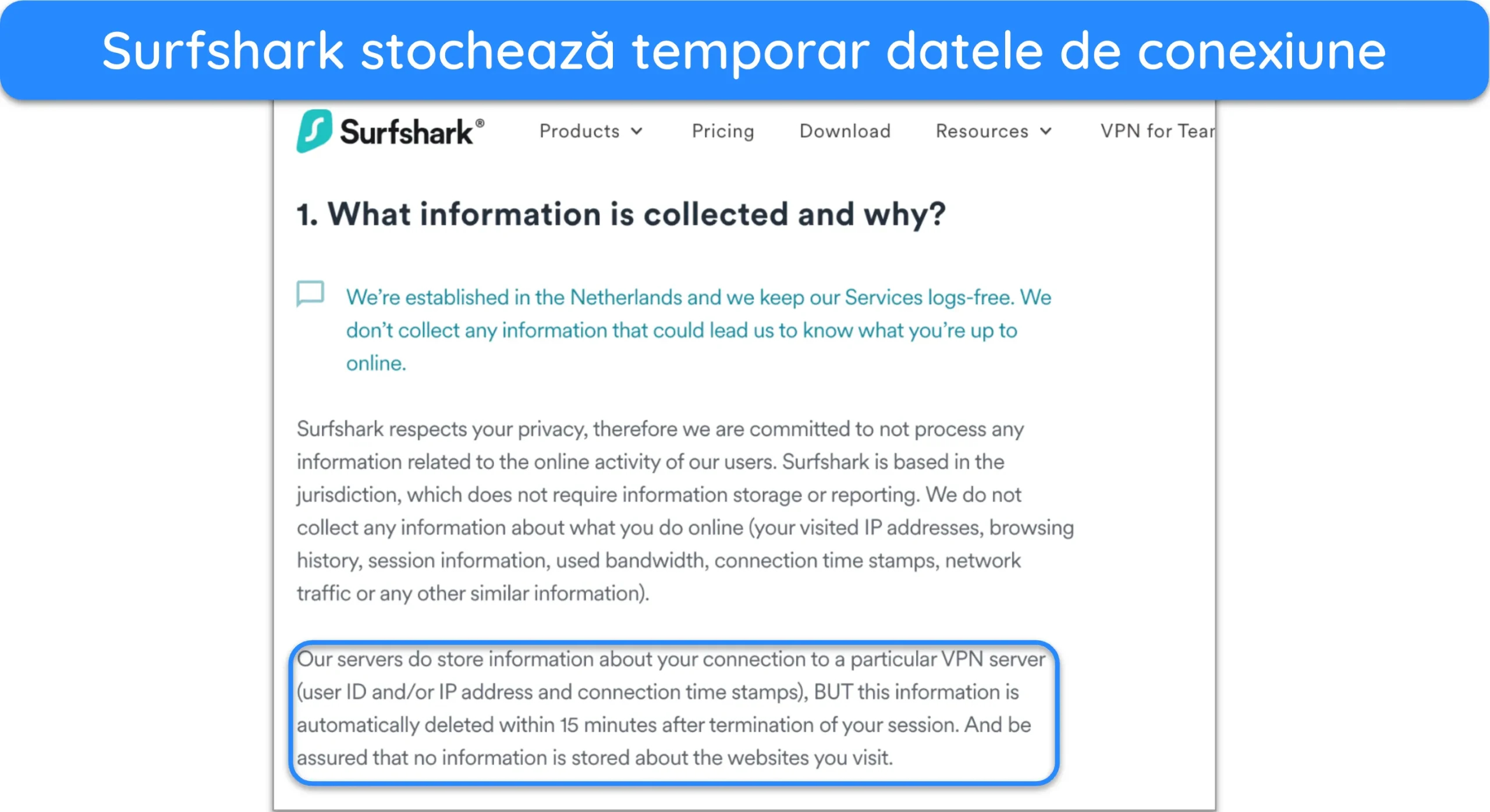 Captură de ecran cu o parte din politica de confidențialitate a Surfshark.