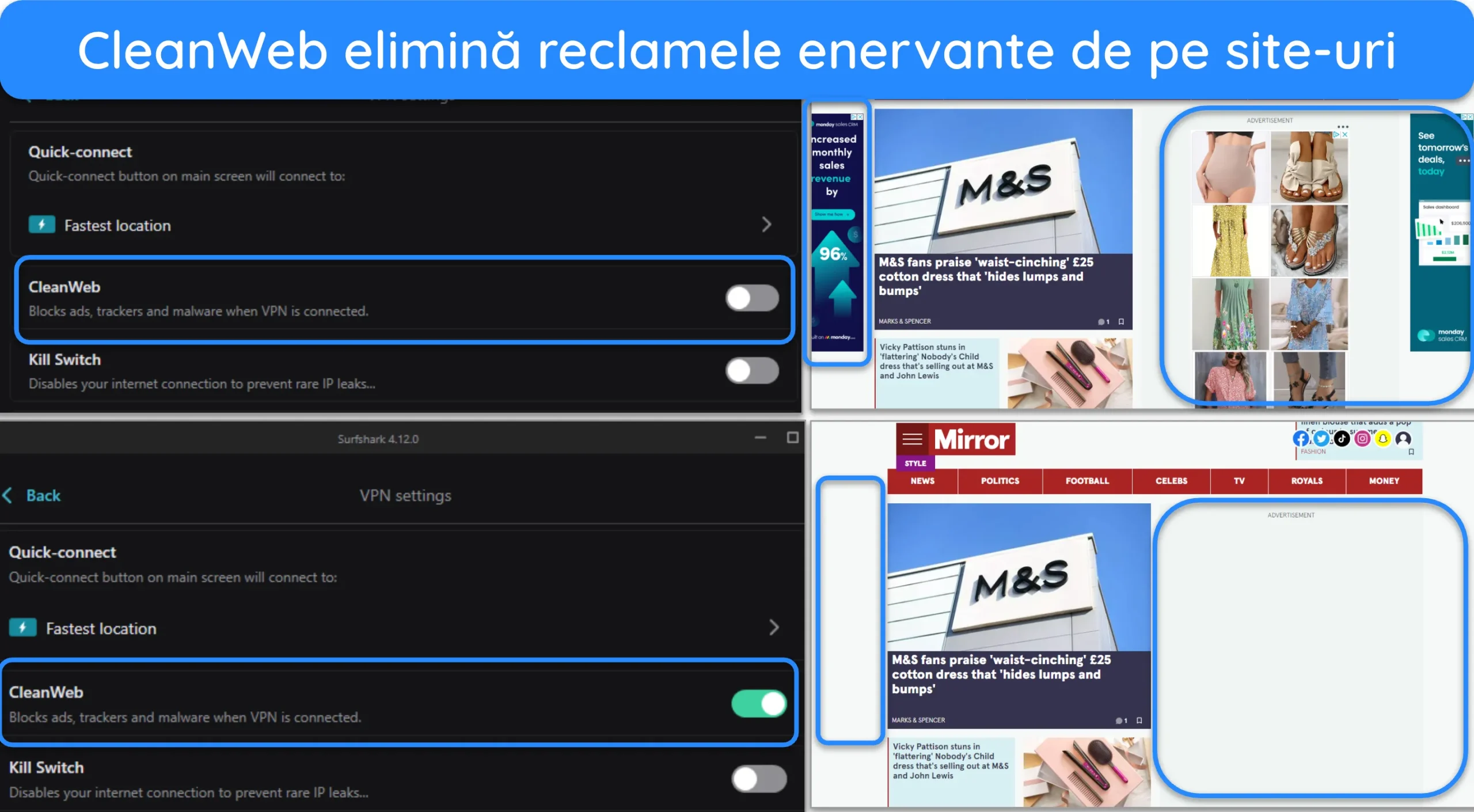 Captură de ecran cu funcția cleanweb a Surfshark care blochează reclamele pe site-ul de știri The Mirror.