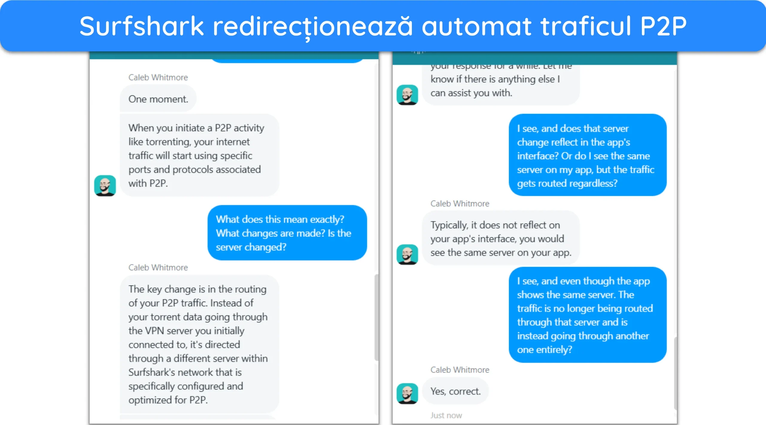 Captură de ecran cu asistența Surfshark care confirmă modul în care direcționează automat traficul P2P prin serverul corect.