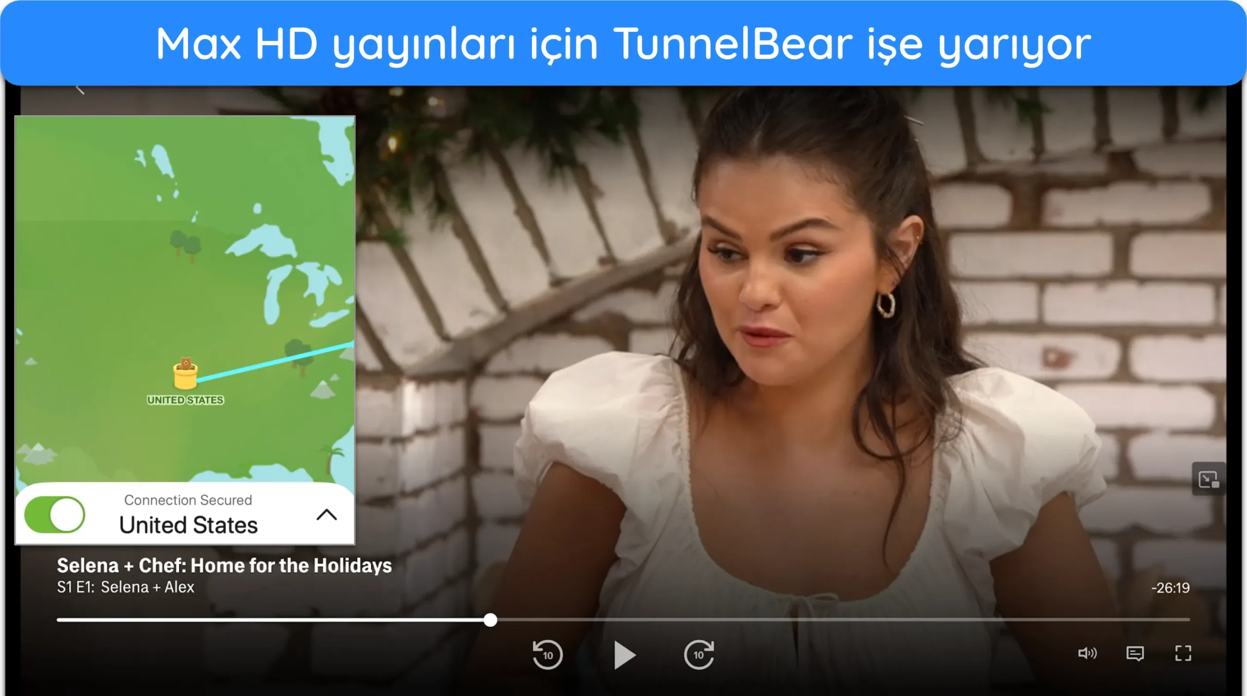 TunnelBear'ın ABD sunucusunu kullanarak Max'te HD olarak yayınlanan Selena ve Alex dizisinin ekran görüntüsü.