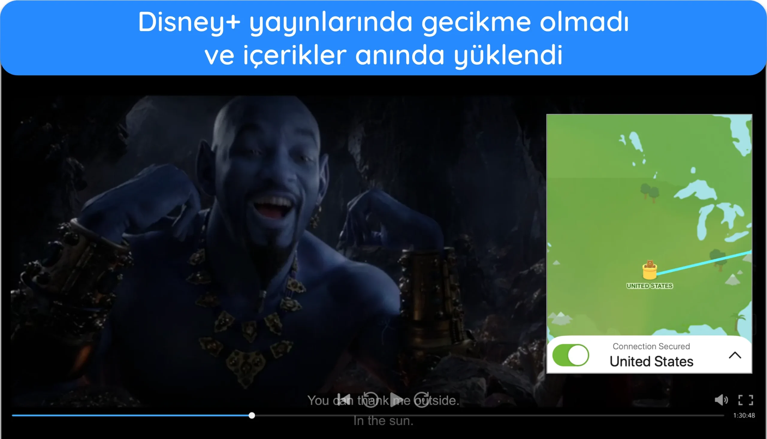 TunnelBear'ın ABD sunucusunda Disney+'ta yayınlanan Aladdin dizisinin ekran görüntüsü.