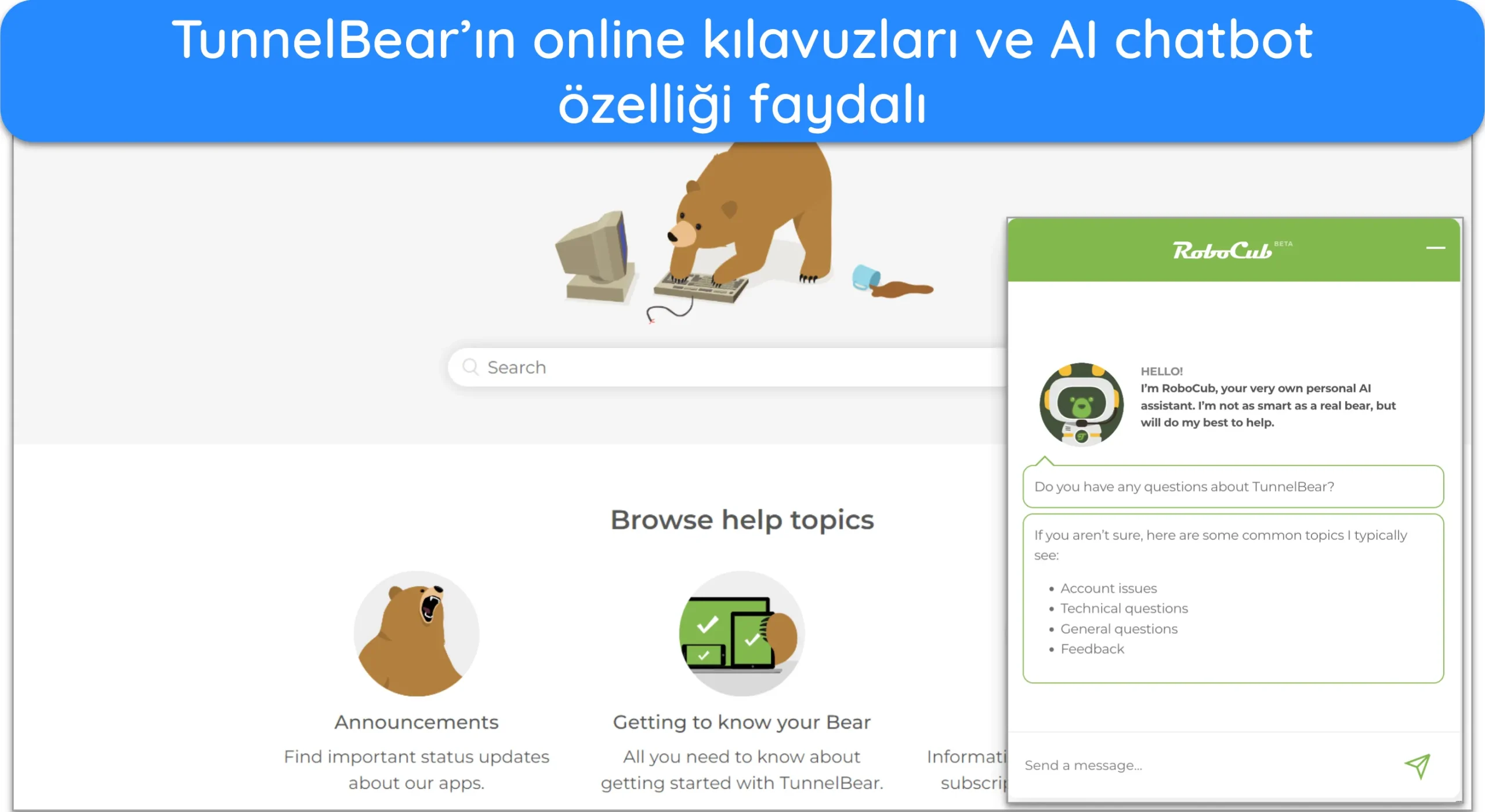 TunnelBear'ın çevrimiçi rehberlerinin ve yapay zeka sohbet robotunun ekran görüntüsü.