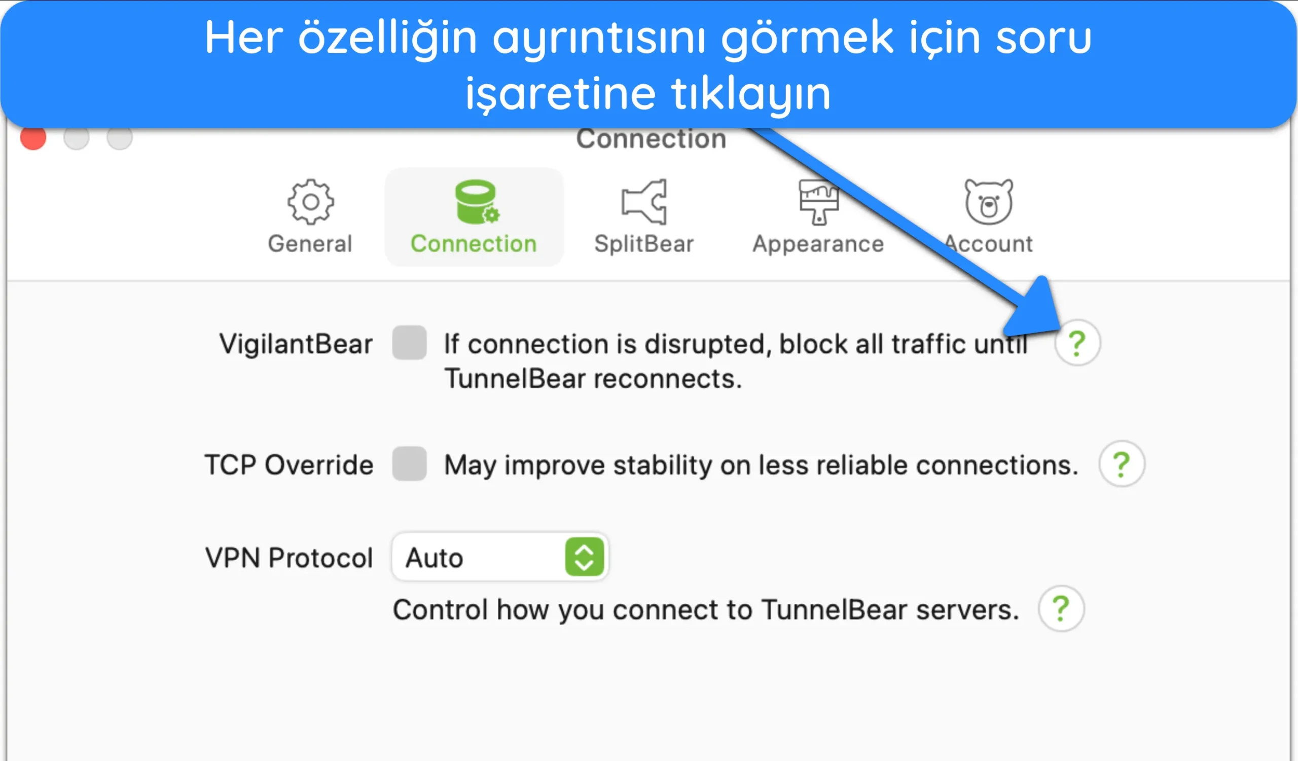 TunnelBear'ın VPN özelliklerinin açıklamalarını gösteren ayarlar menüsünün ekran görüntüsü.