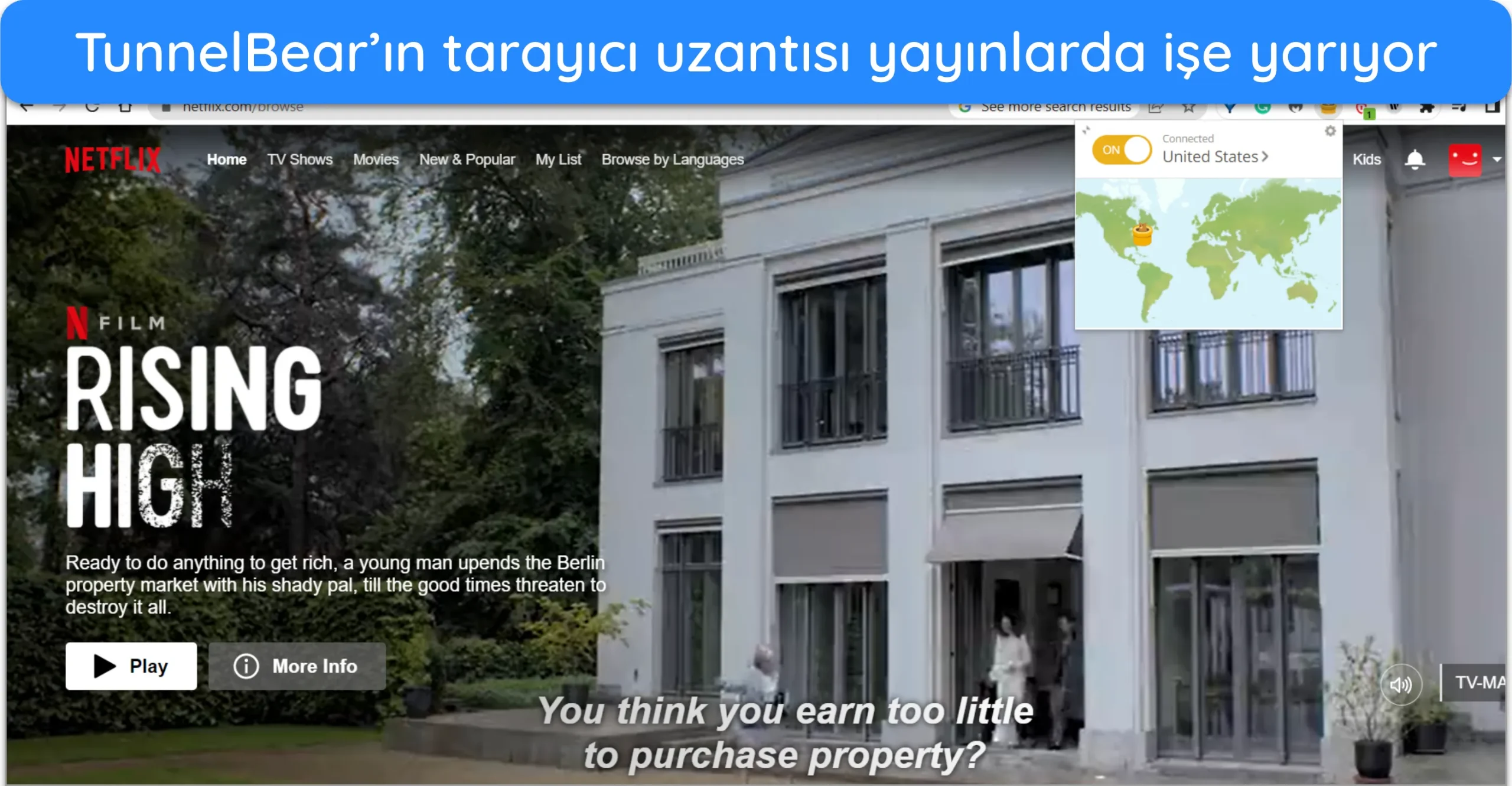 TunnelBear'ın ABD'deki bir sunucuya bağlıyken tarayıcı eklentisiyle çalışan Netflix ABD dizisinin ekran görüntüsü.