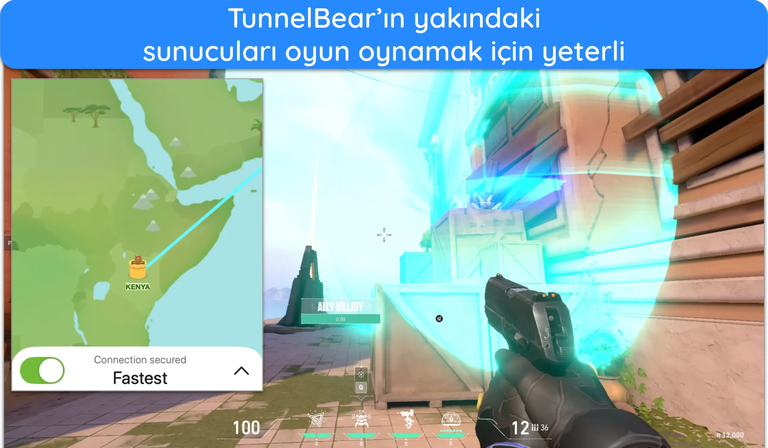 Valorant'ın Kenya'daki TunnelBear sunucusunda sorunsuz bir şekilde oynatılmasının ekran görüntüsü.