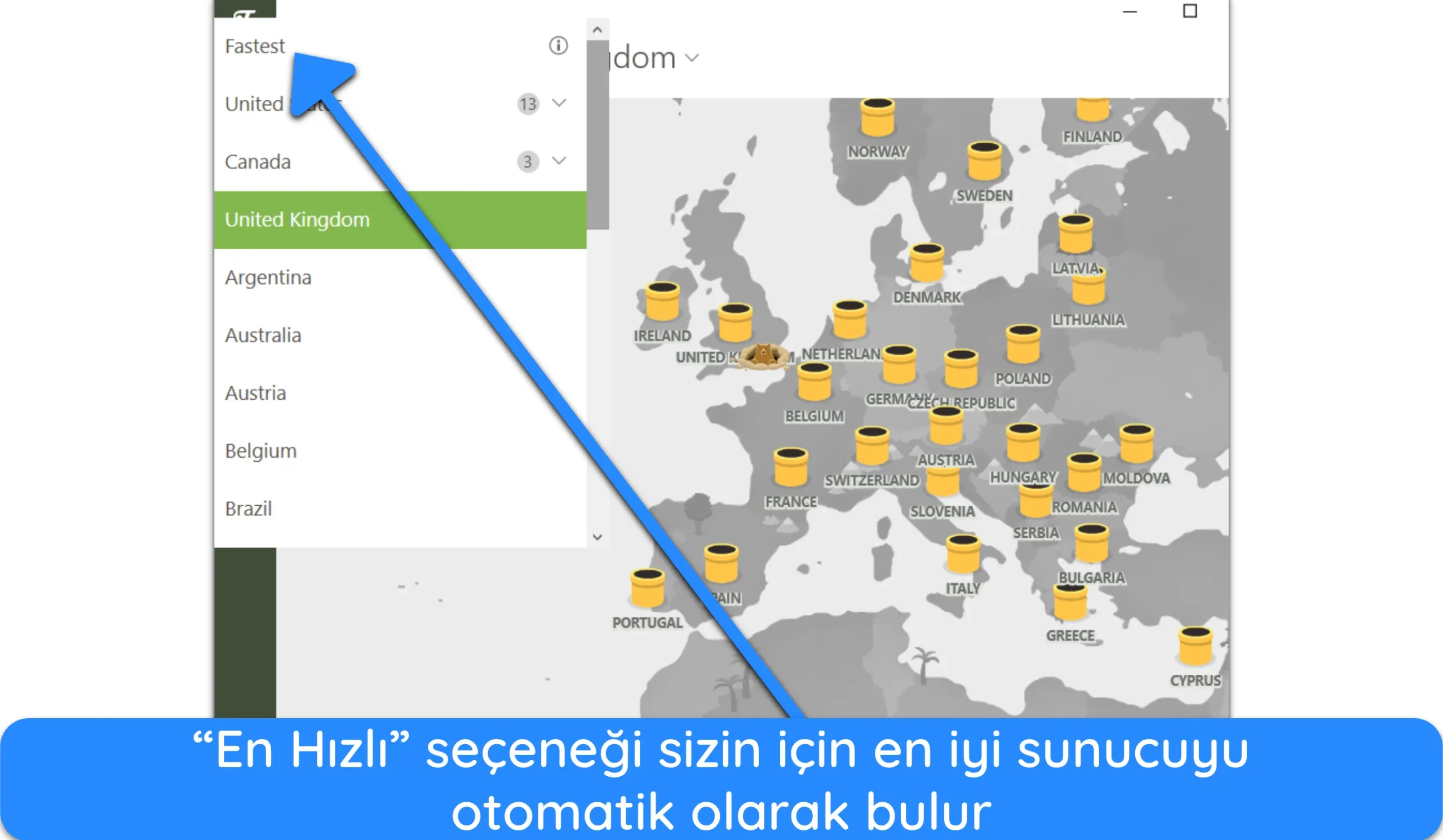TunnelBear'ın sunucu listesinin ekran görüntüsü.